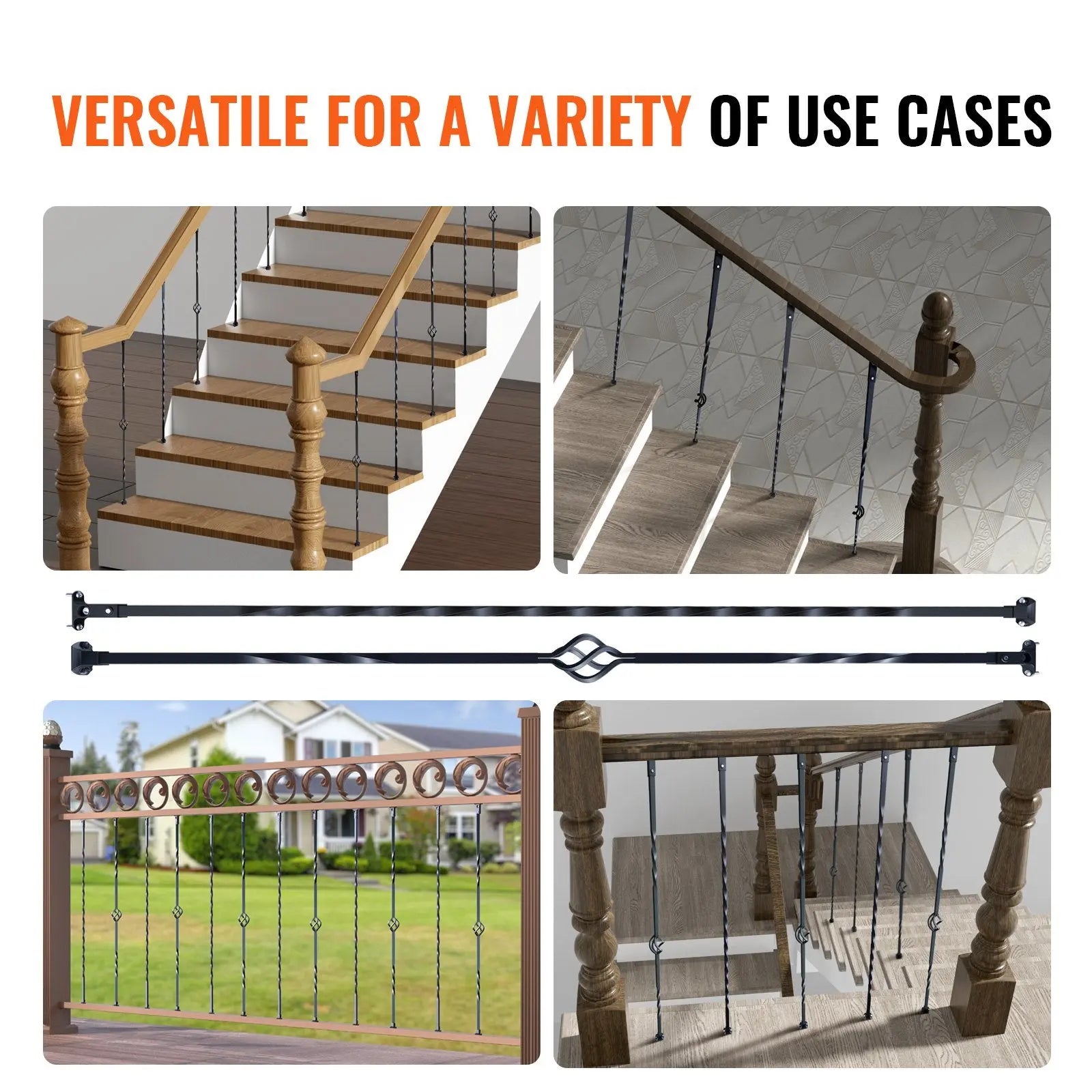 Staircase Metal Balusters, 44'' x 1/2" Galvanized Steel Decorative Banister Spindles, 10 Pack Deck Baluster with Hollow Single Baskets, Twists, Spiral Stair Railing w/ Shoes & Screws Wholesale Hub