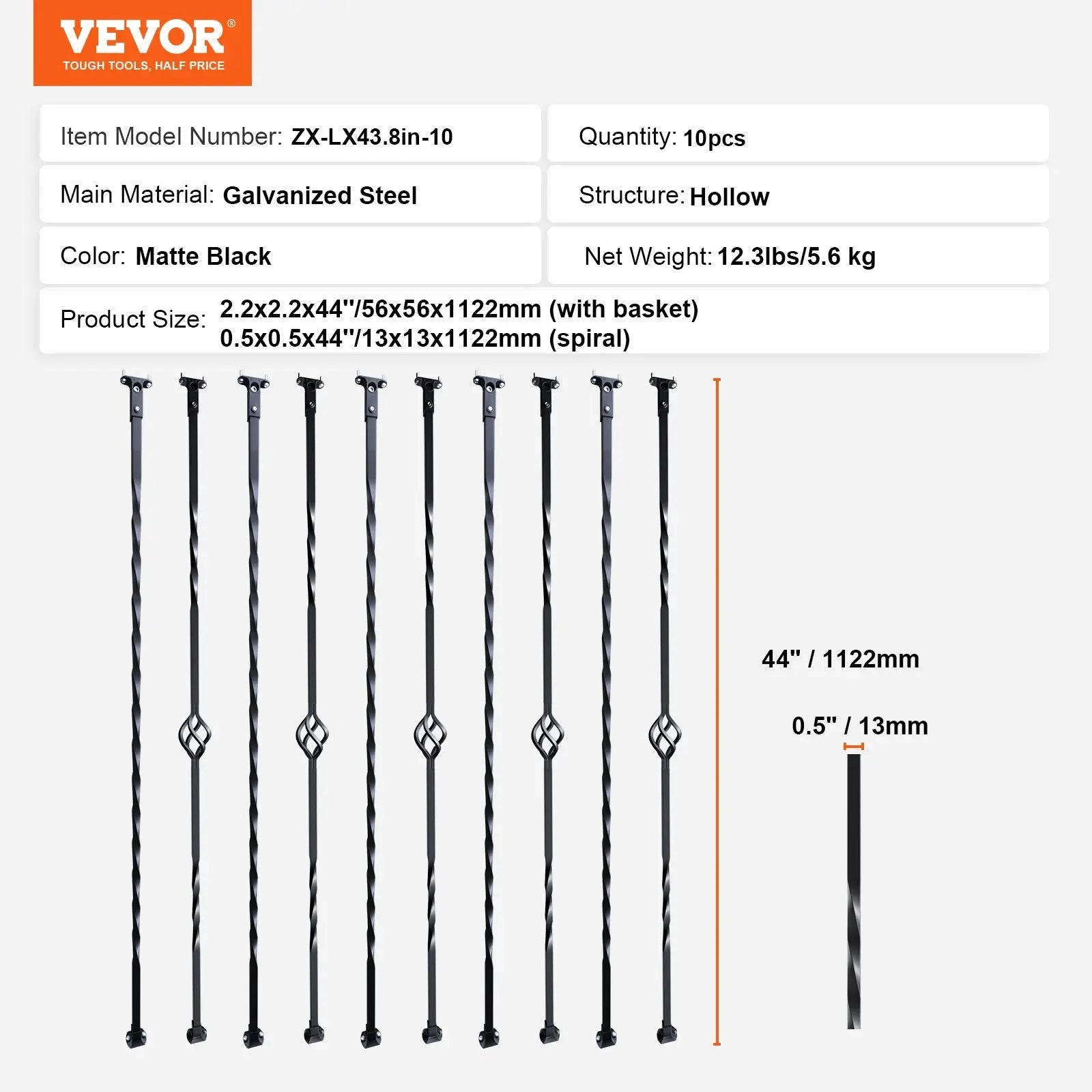 Staircase Metal Balusters, 44'' x 1/2" Galvanized Steel Decorative Banister Spindles, 10 Pack Deck Baluster with Hollow Single Baskets, Twists, Spiral Stair Railing w/ Shoes & Screws Wholesale Hub