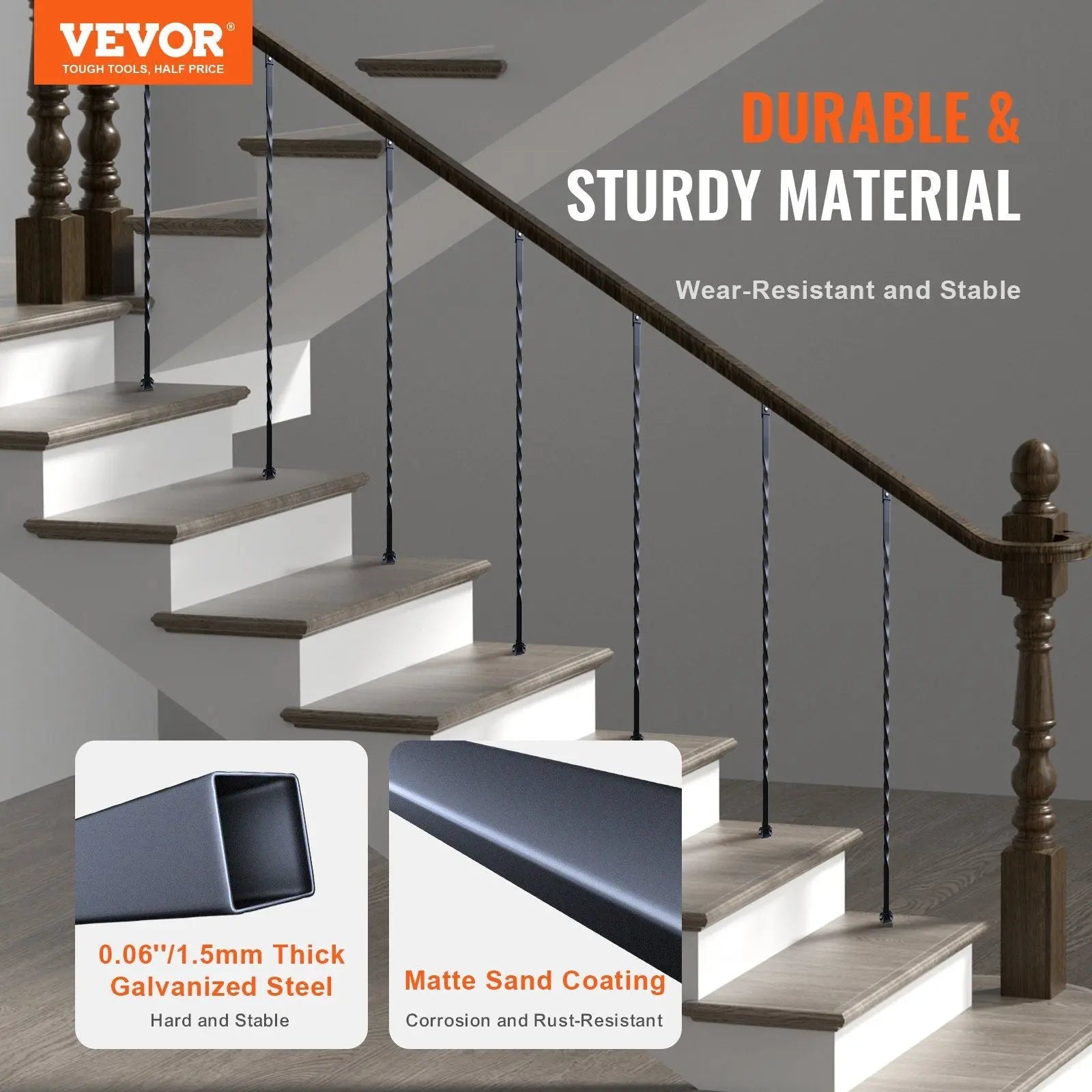 Staircase Metal Balusters, 44'' x 1/2" Galvanized Steel Decorative Banister Spindles, 10 Pack Deck Baluster with Hollow Twists, Satin Black Spiral Stair Railing with Shoes & Screws Wholesale Hub