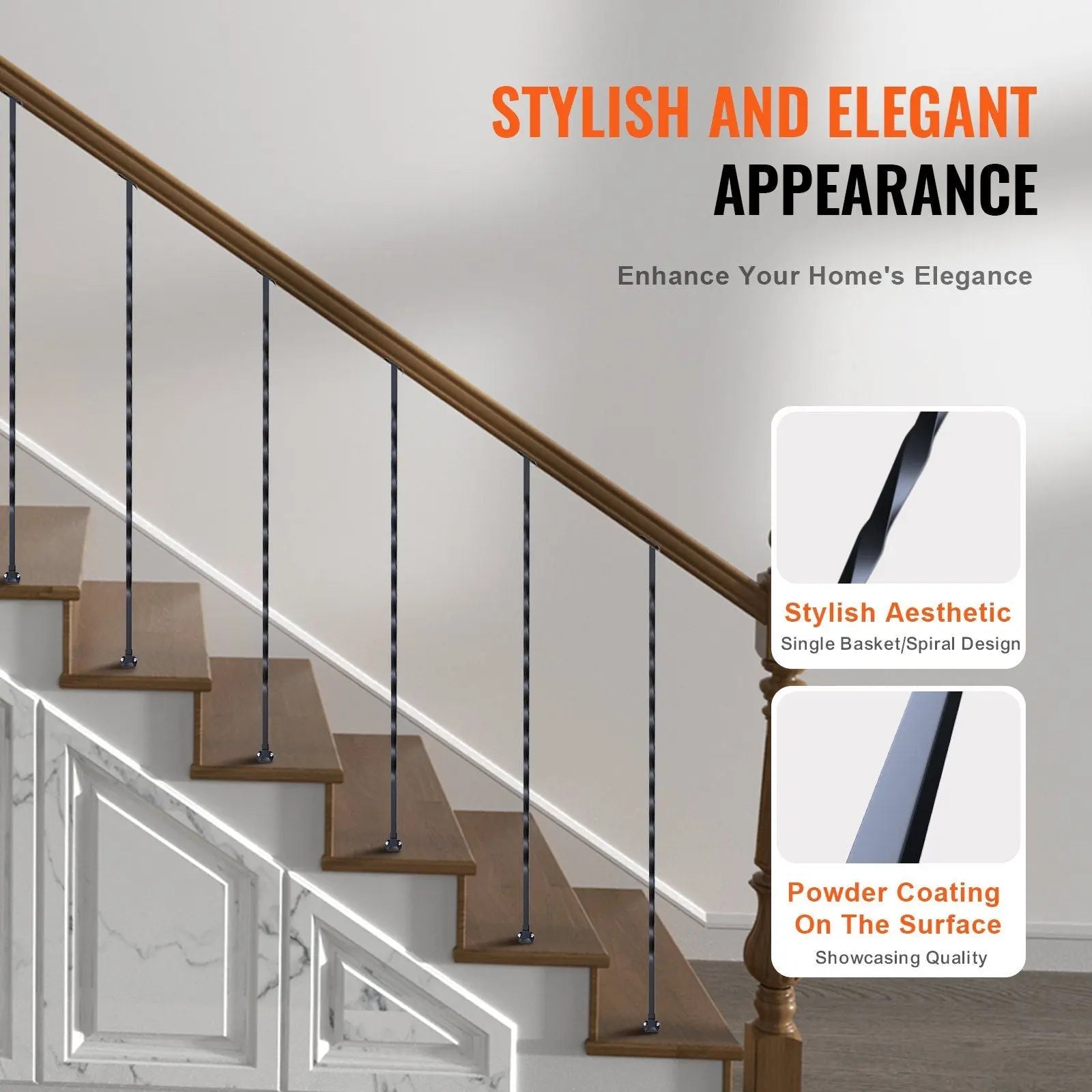 Staircase Metal Balusters, 44'' x 1/2" Galvanized Steel Decorative Banister Spindles, 10 Pack Deck Baluster with Hollow Twists, Satin Black Spiral Stair Railing with Shoes & Screws Wholesale Hub