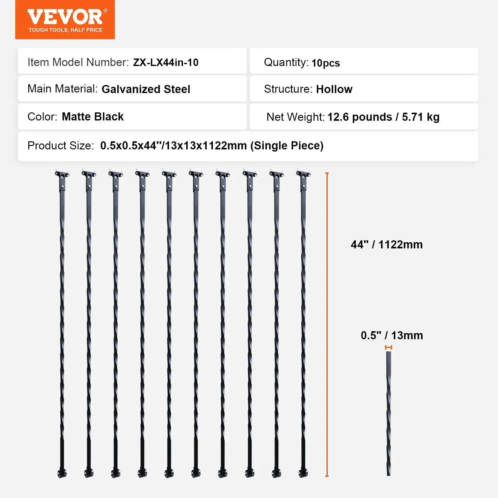 Staircase Metal Balusters, 44'' x 1/2" Galvanized Steel Decorative Banister Spindles, 10 Pack Deck Baluster with Hollow Twists, Satin Black Spiral Stair Railing with Shoes & Screws Wholesale Hub