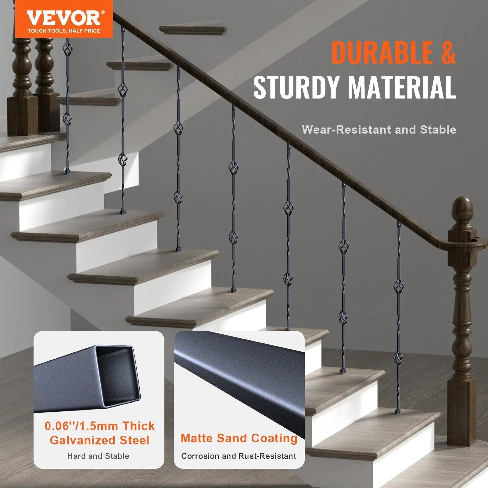 Staircase Metal Balusters, 44'' x 1/2" Galvanized Steel Decorative Banister Spindles, 10 Pack Deck Baluster with Hollow Double Baskets, Spiral Stair Railing with Shoes & Screws Wholesale Hub