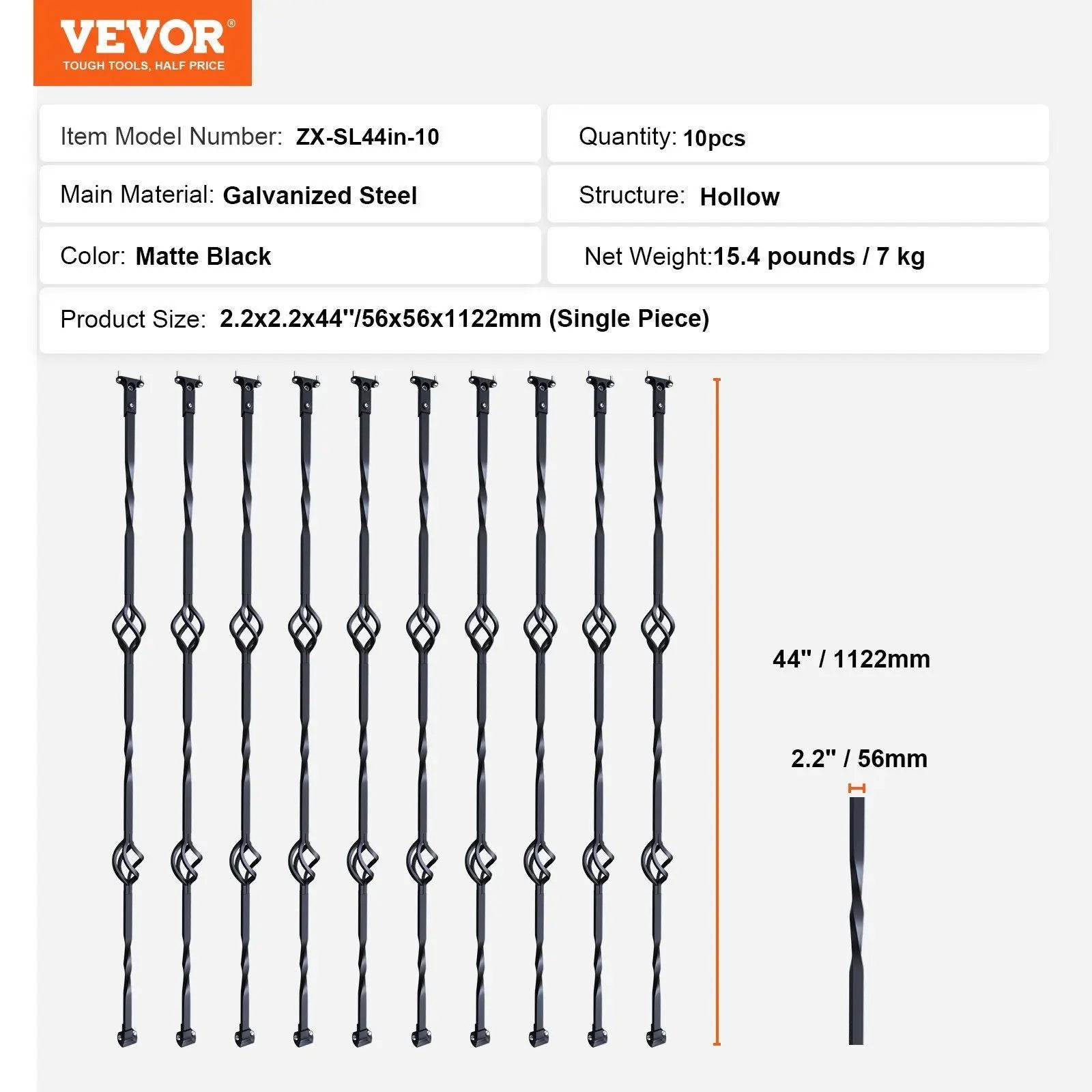 Staircase Metal Balusters, 44'' x 1/2" Galvanized Steel Decorative Banister Spindles, 10 Pack Deck Baluster with Hollow Double Baskets, Spiral Stair Railing with Shoes & Screws Wholesale Hub