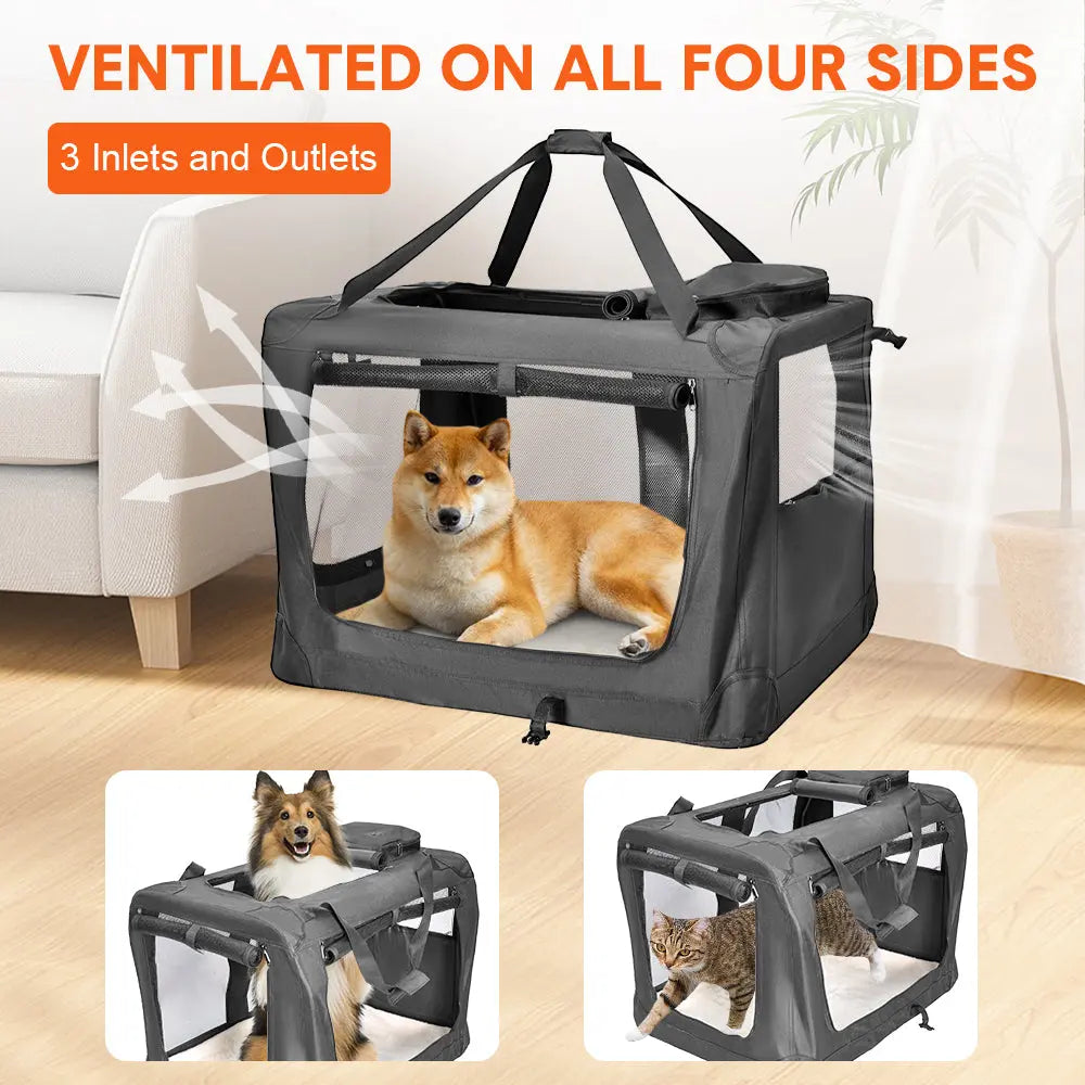 Foldable Dog Carrier Large Pet Travel Bag Portable and Breathable Car Travel Transport Kennel 72x52x52cm Load Up to 27kg with Steel Frame and Pocket Black Wholesale Hub