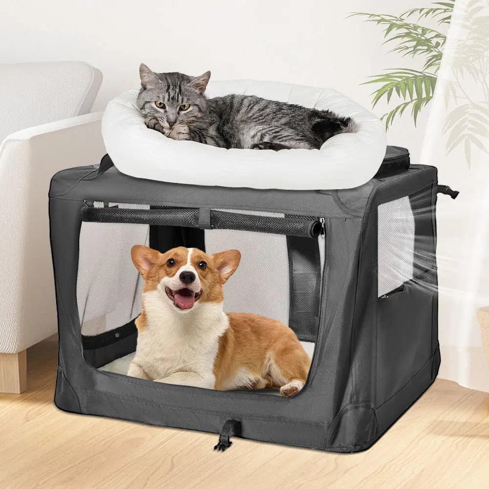 Foldable Dog Carrier Large Pet Travel Bag Portable and Breathable Car Travel Transport Kennel 72x52x52cm Load Up to 27kg with Steel Frame and Pocket Black Wholesale Hub