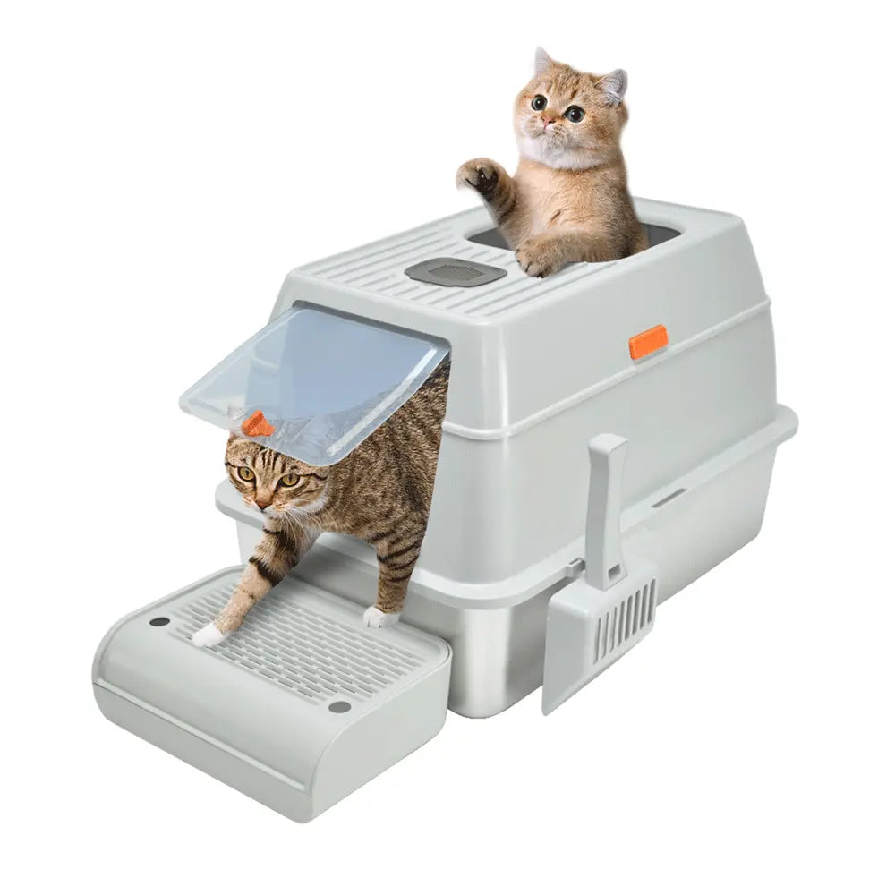 20L Large Anti-Leak Enclosed Cat Litter Box Stainless Steel Detachable Kitty Litter Tray with ABS Lid High Sides Scoop and Ramp Easy Cleaning Light Grey Wholesale Hub