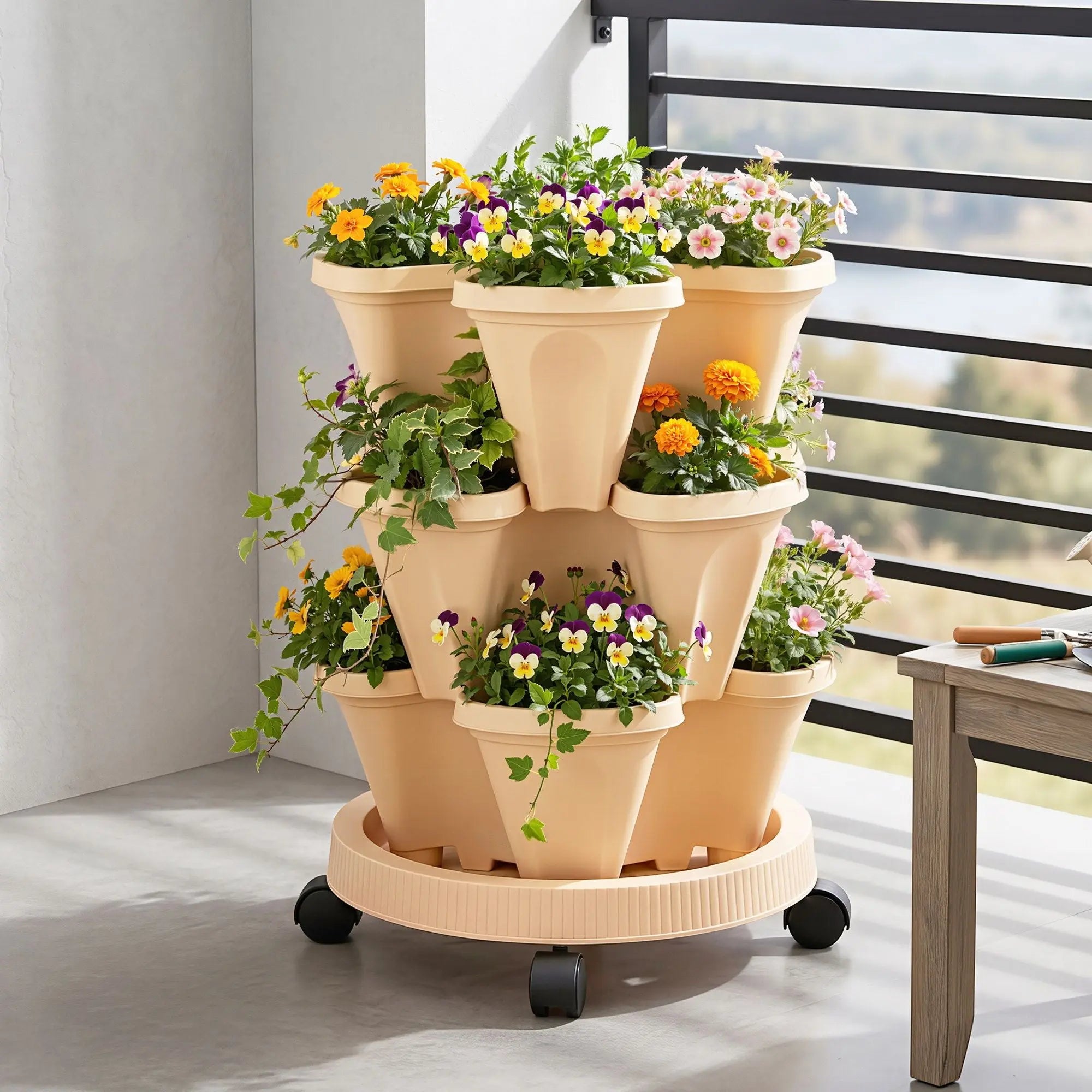 Green Fingers 3 Tier Stackable Vertical Planter Tower Strawberry Pot Wheels Beige Wholesale Hub