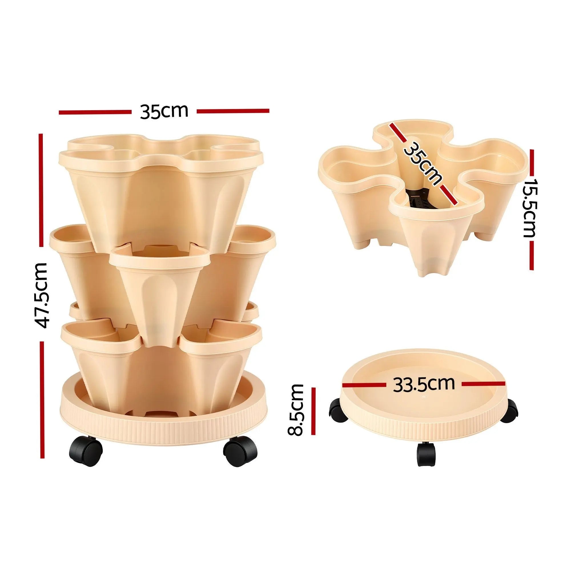 Green Fingers 3 Tier Stackable Vertical Planter Tower Strawberry Pot Wheels Beige Wholesale Hub