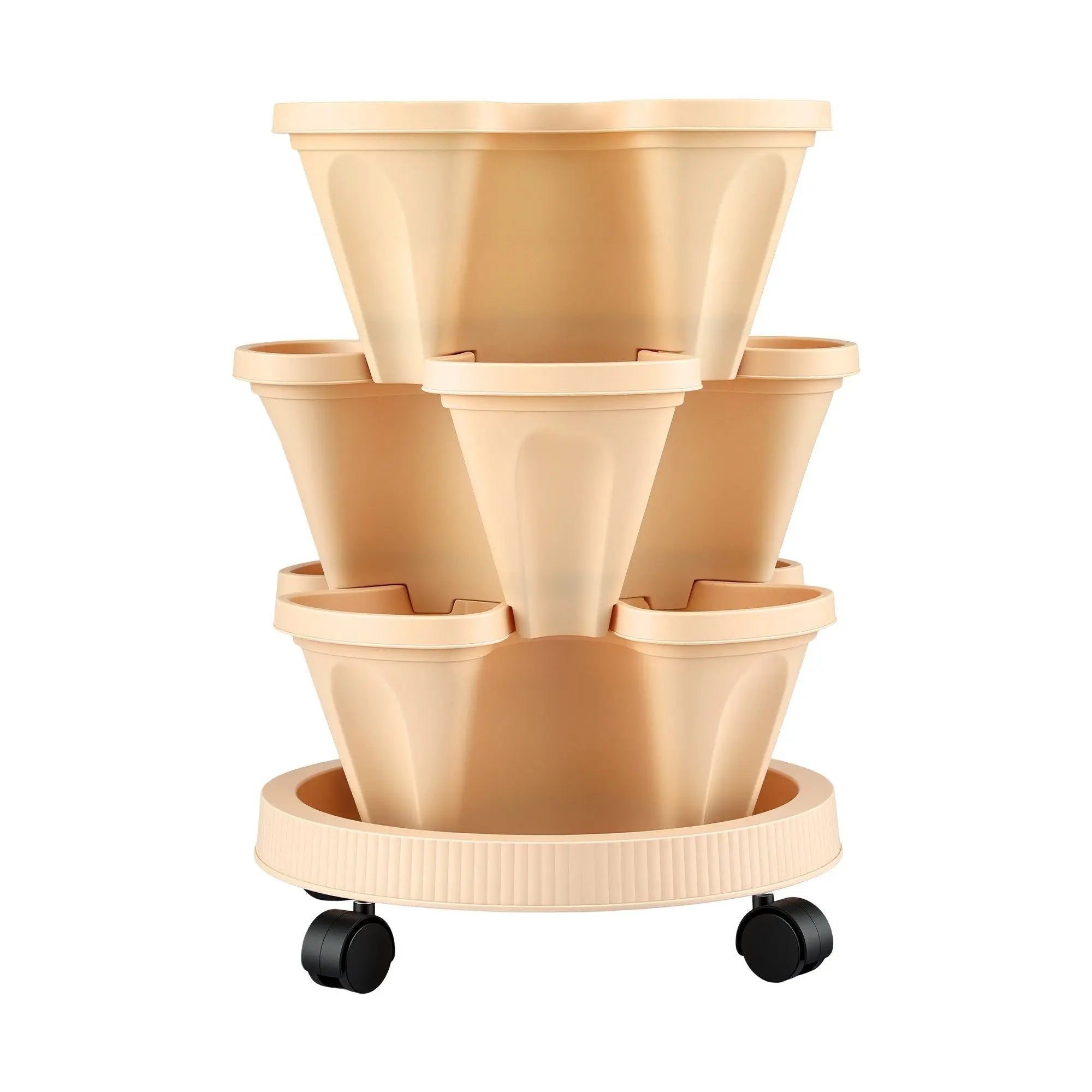 Green Fingers 3 Tier Stackable Vertical Planter Tower Strawberry Pot Wheels Beige Wholesale Hub