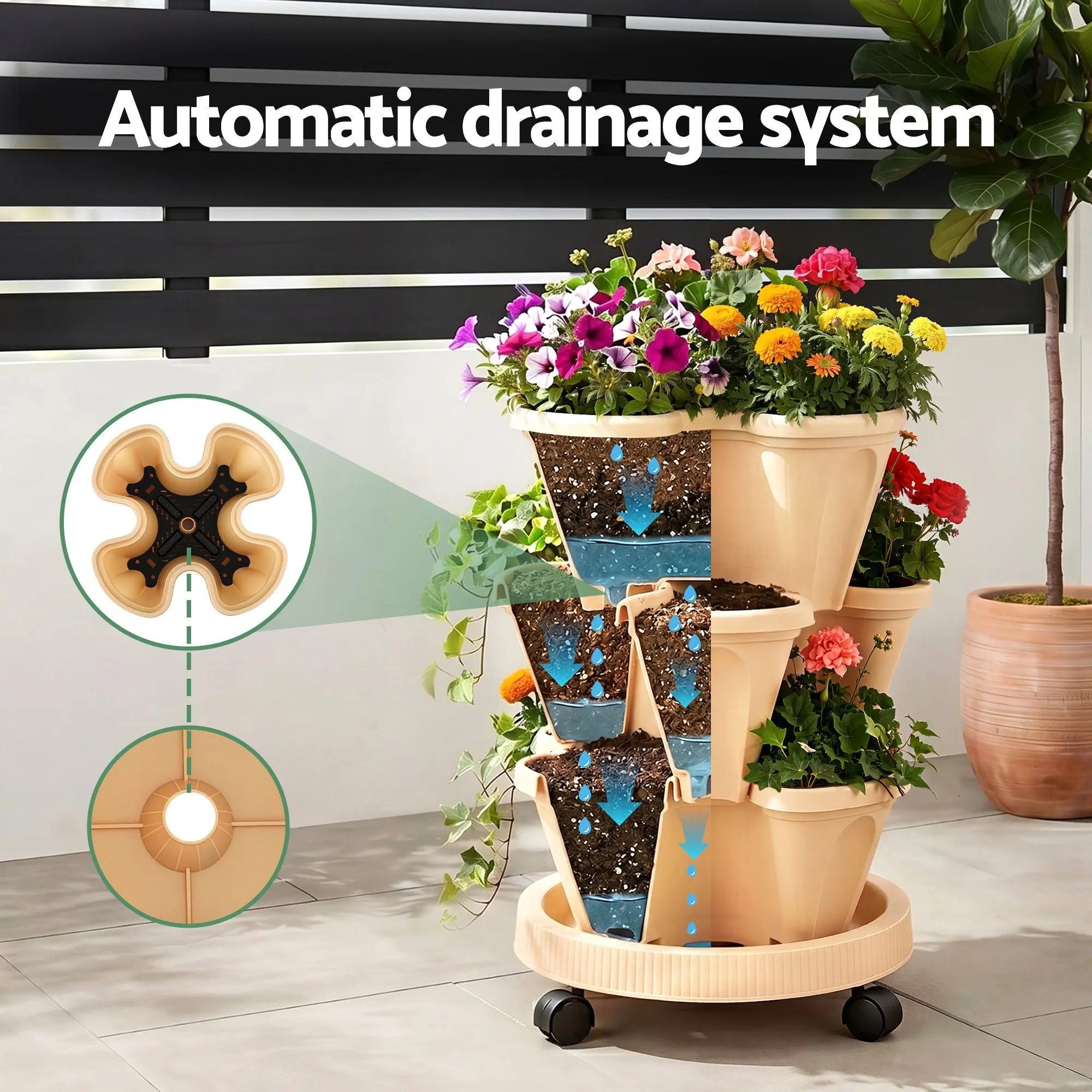 Green Fingers 3 Tier Stackable Vertical Planter Tower Strawberry Pot Wheels Beige Wholesale Hub