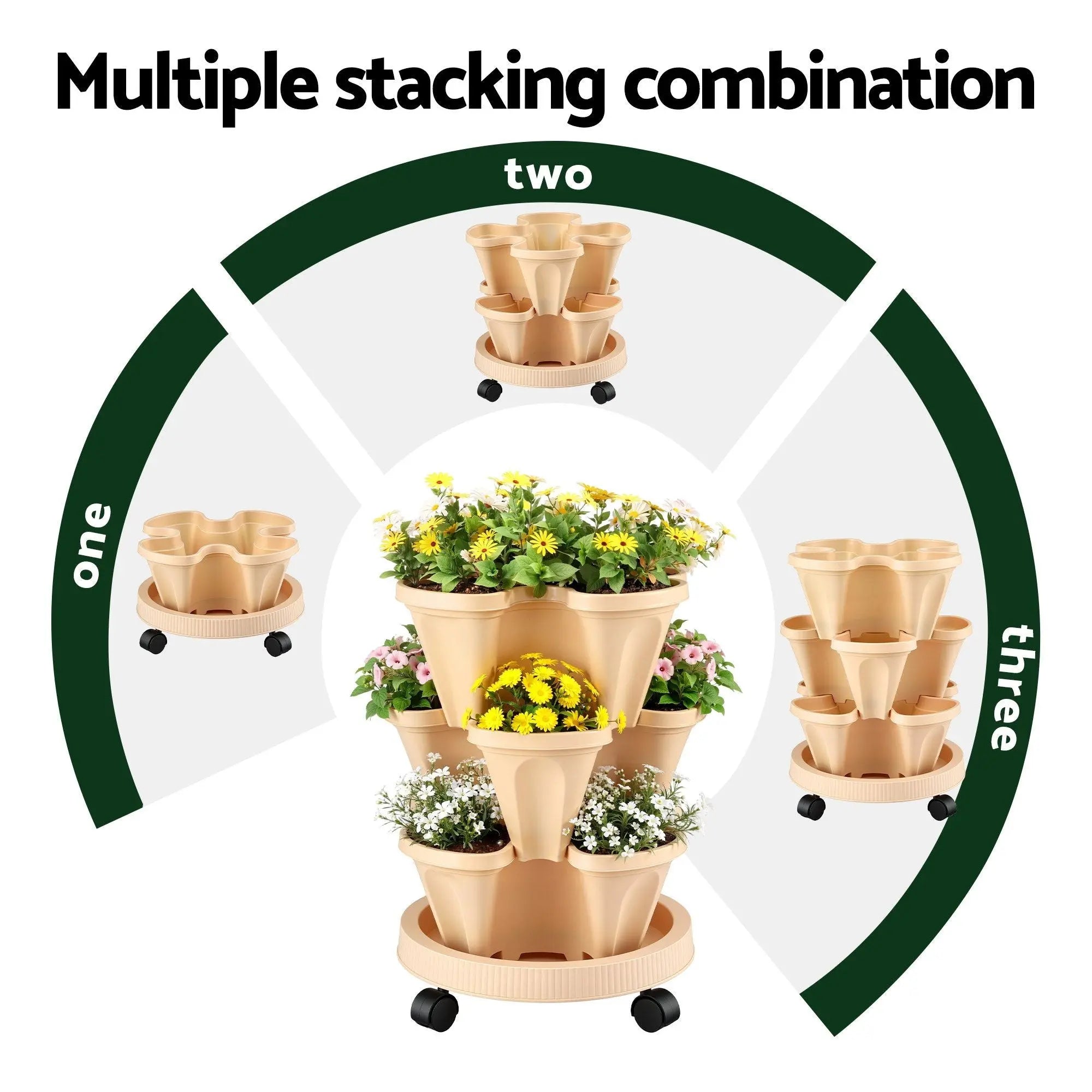 Green Fingers 3 Tier Stackable Vertical Planter Tower Strawberry Pot Wheels Beige Wholesale Hub