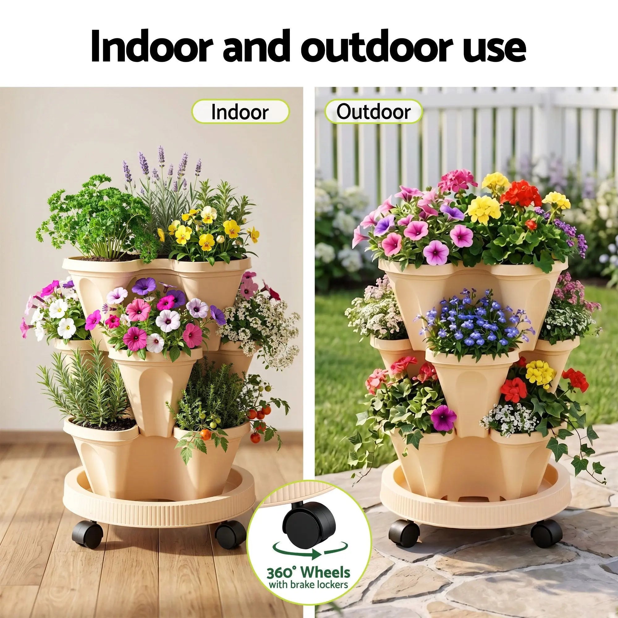 Green Fingers 3 Tier Stackable Vertical Planter Tower Strawberry Pot Wheels Beige Wholesale Hub