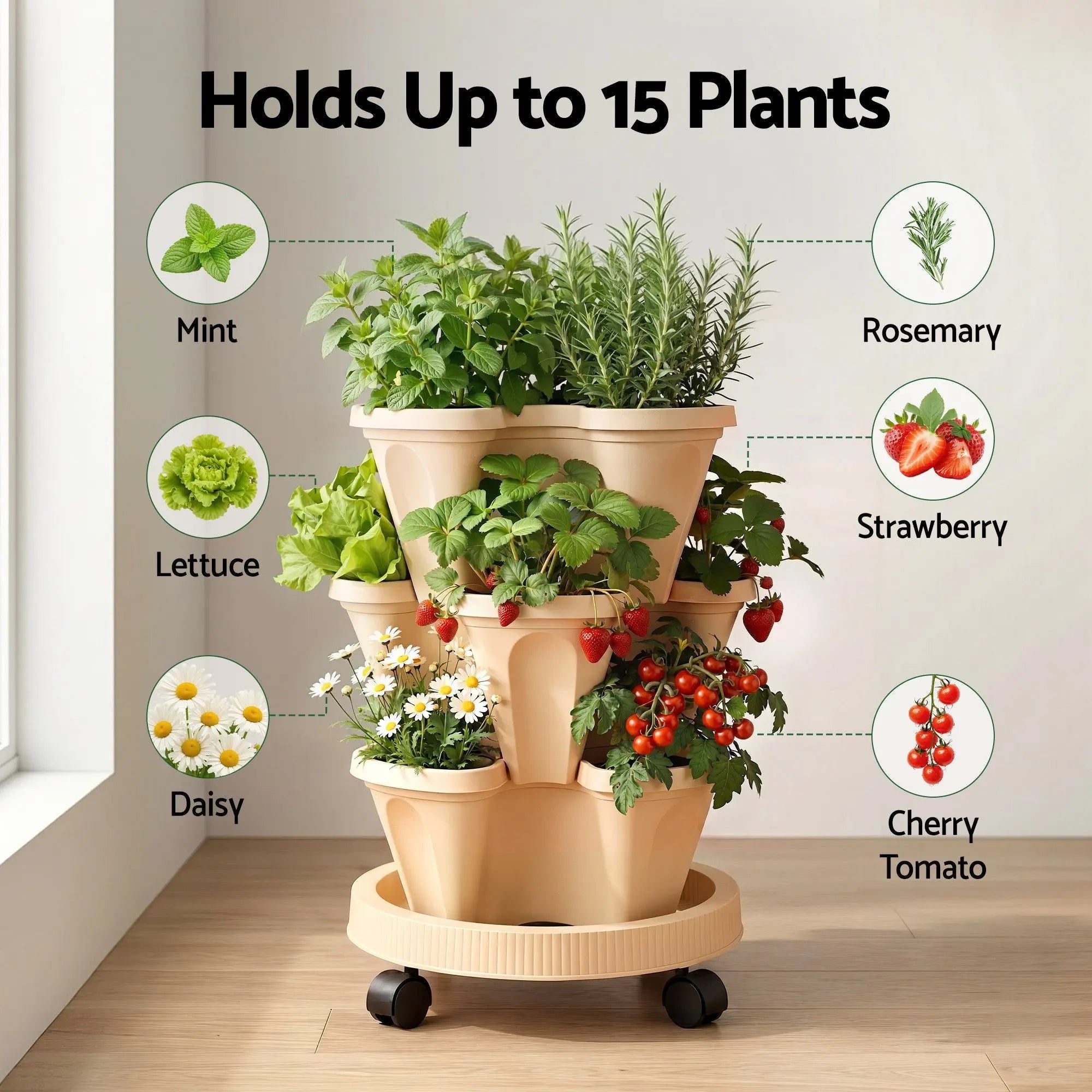 Green Fingers 3 Tier Stackable Vertical Planter Tower Strawberry Pot Wheels Beige Wholesale Hub