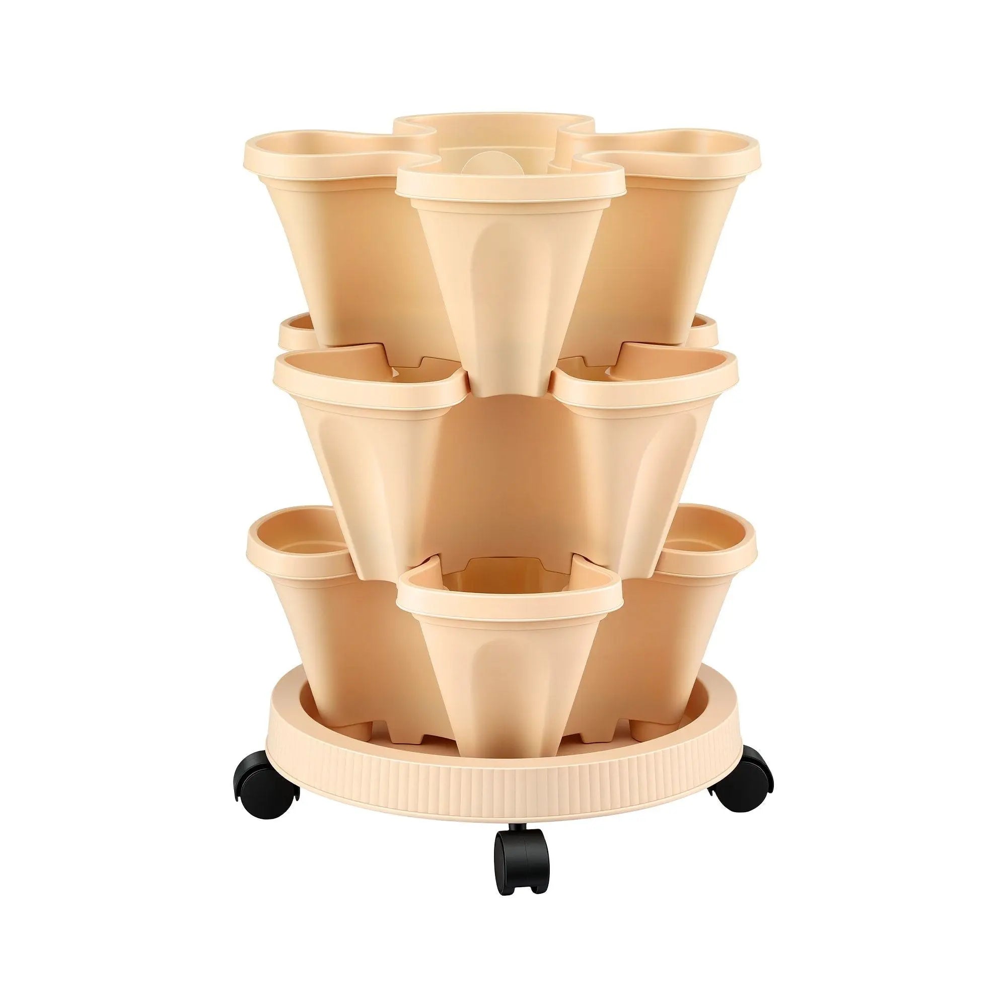 Green Fingers 3 Tier Stackable Vertical Planter Tower Strawberry Pot Wheels Beige Wholesale Hub