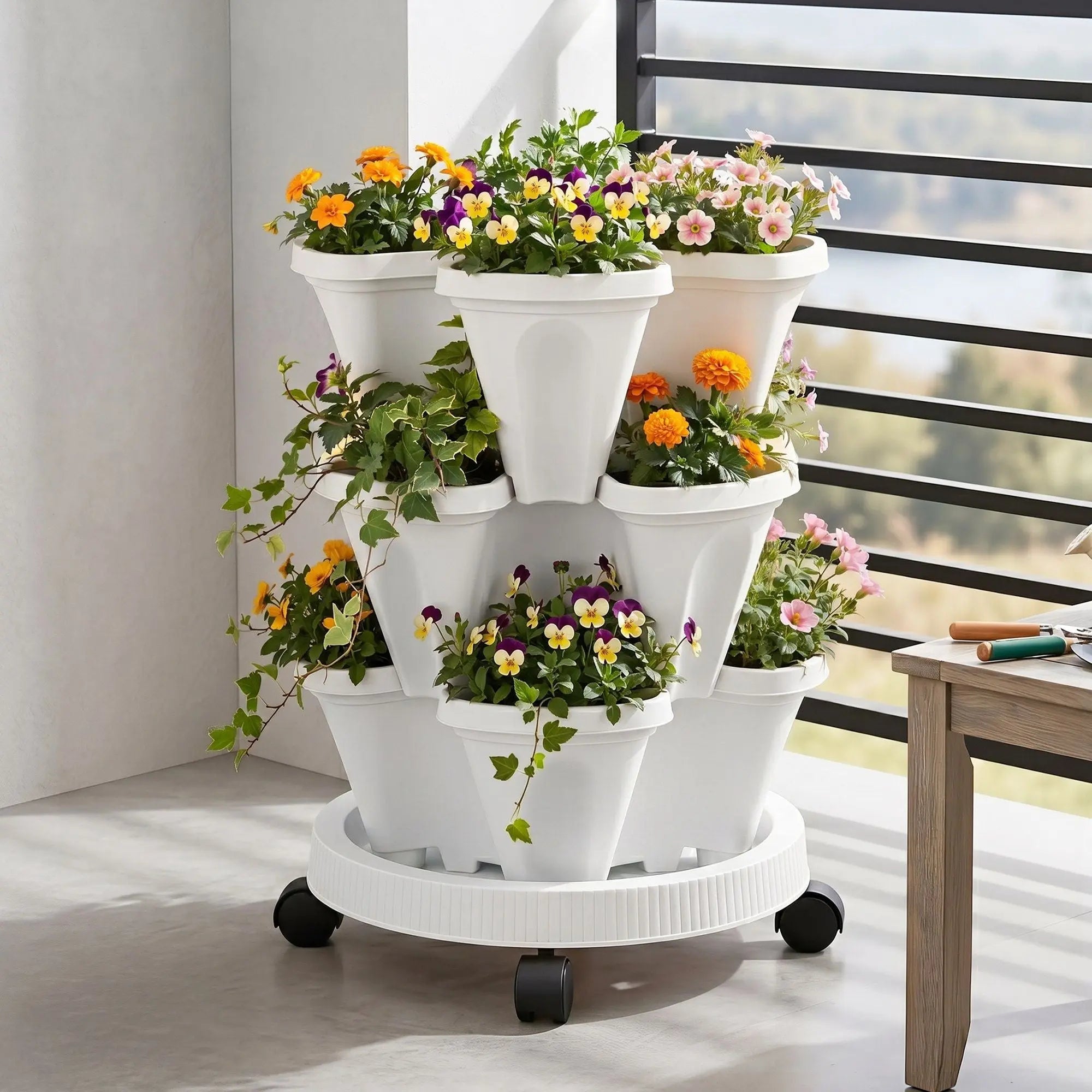 Green Fingers 3 Tier Stackable Vertical Planter Tower Strawberry Pot Wheels White Wholesale Hub