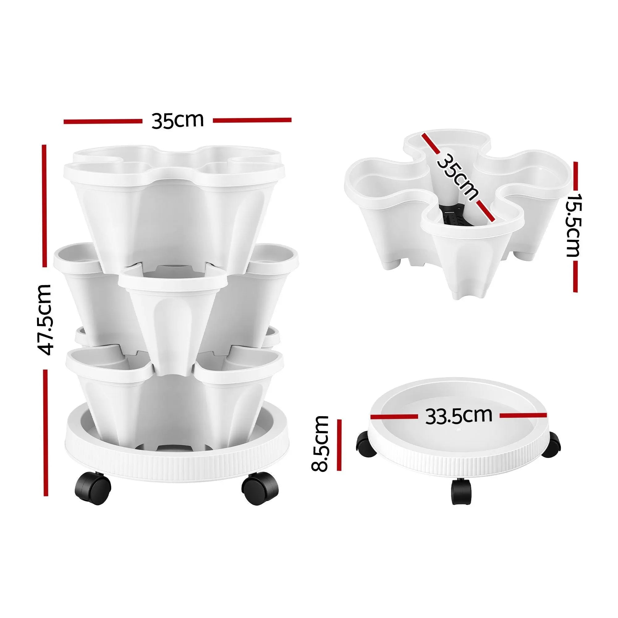 Green Fingers 3 Tier Stackable Vertical Planter Tower Strawberry Pot Wheels White Wholesale Hub