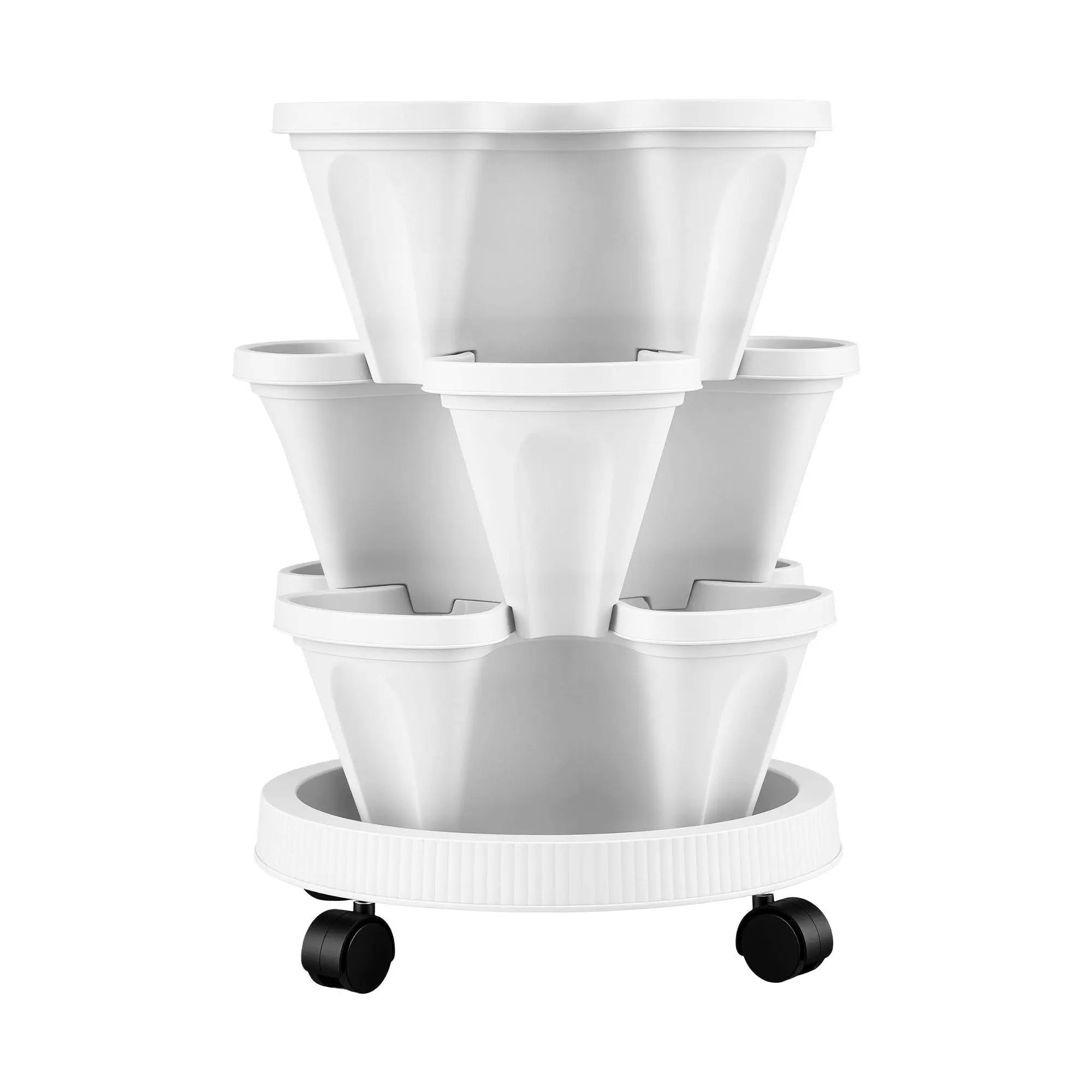 Green Fingers 3 Tier Stackable Vertical Planter Tower Strawberry Pot Wheels White Wholesale Hub