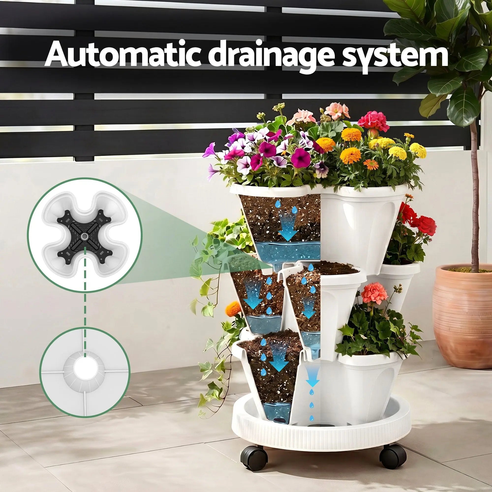 Green Fingers 3 Tier Stackable Vertical Planter Tower Strawberry Pot Wheels White Wholesale Hub