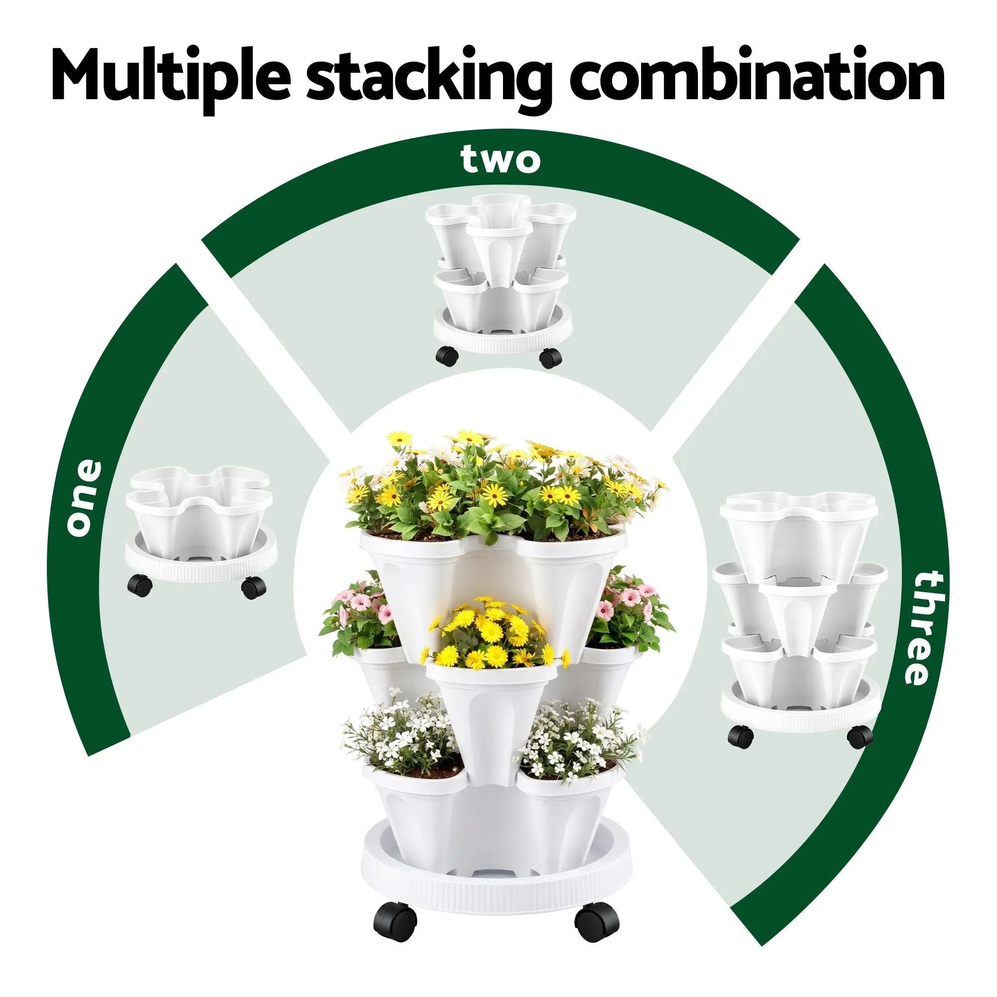 Green Fingers 3 Tier Stackable Vertical Planter Tower Strawberry Pot Wheels White Wholesale Hub