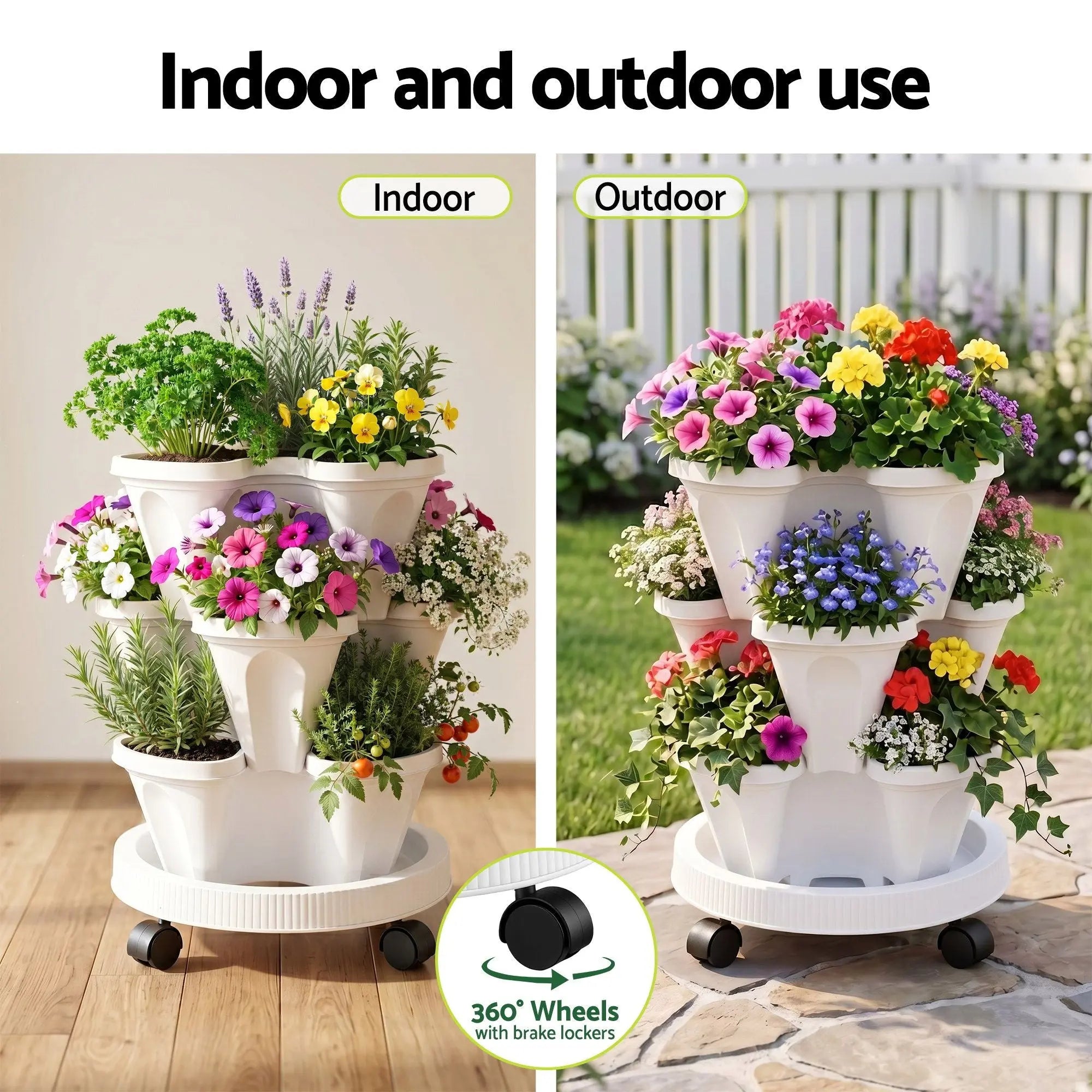 Green Fingers 3 Tier Stackable Vertical Planter Tower Strawberry Pot Wheels White Wholesale Hub