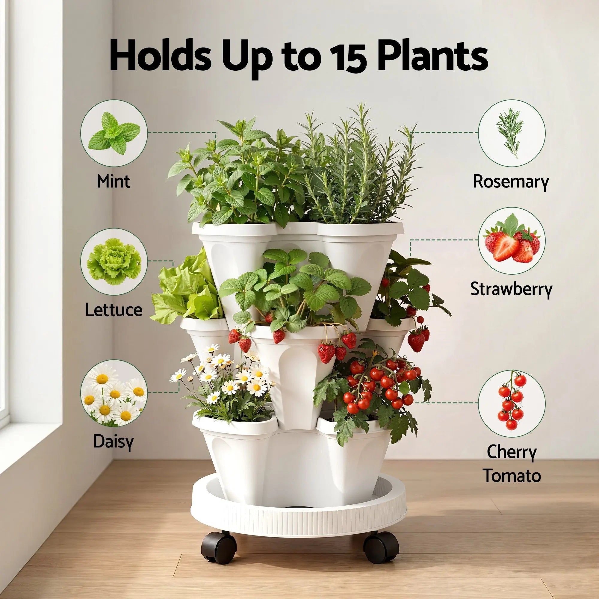 Green Fingers 3 Tier Stackable Vertical Planter Tower Strawberry Pot Wheels White Wholesale Hub