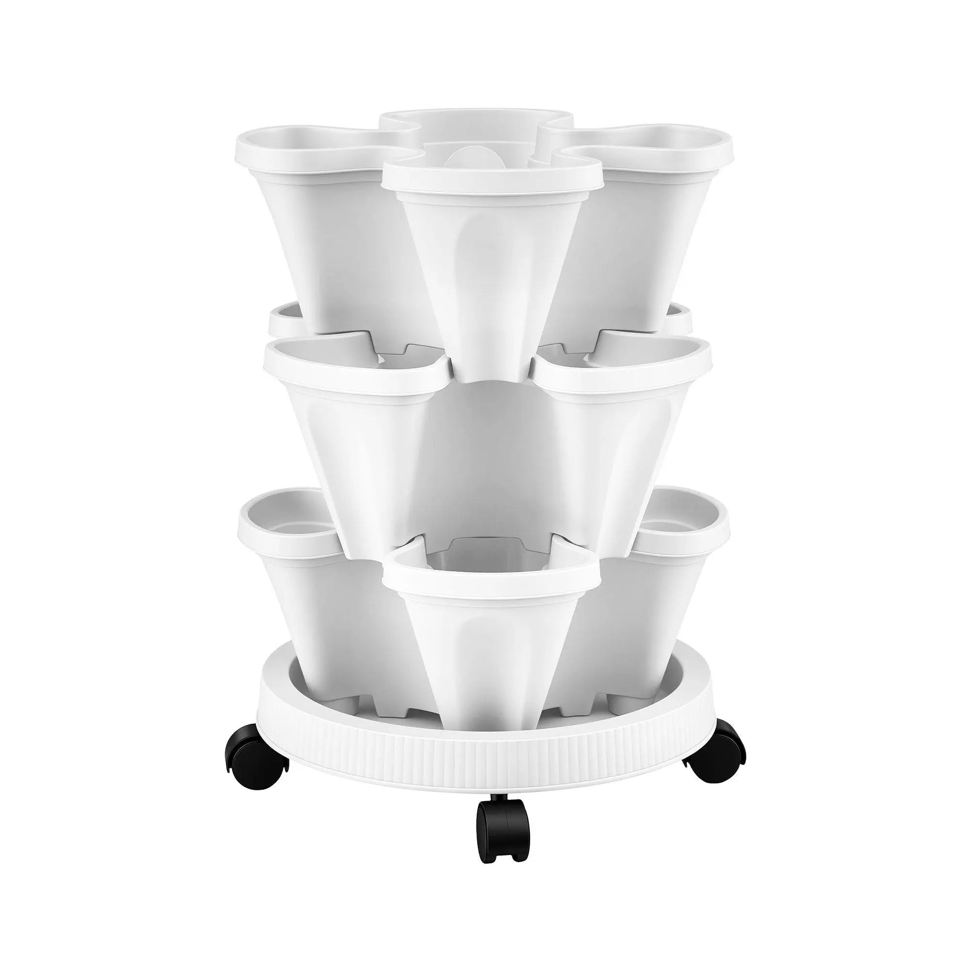Green Fingers 3 Tier Stackable Vertical Planter Tower Strawberry Pot Wheels White Wholesale Hub