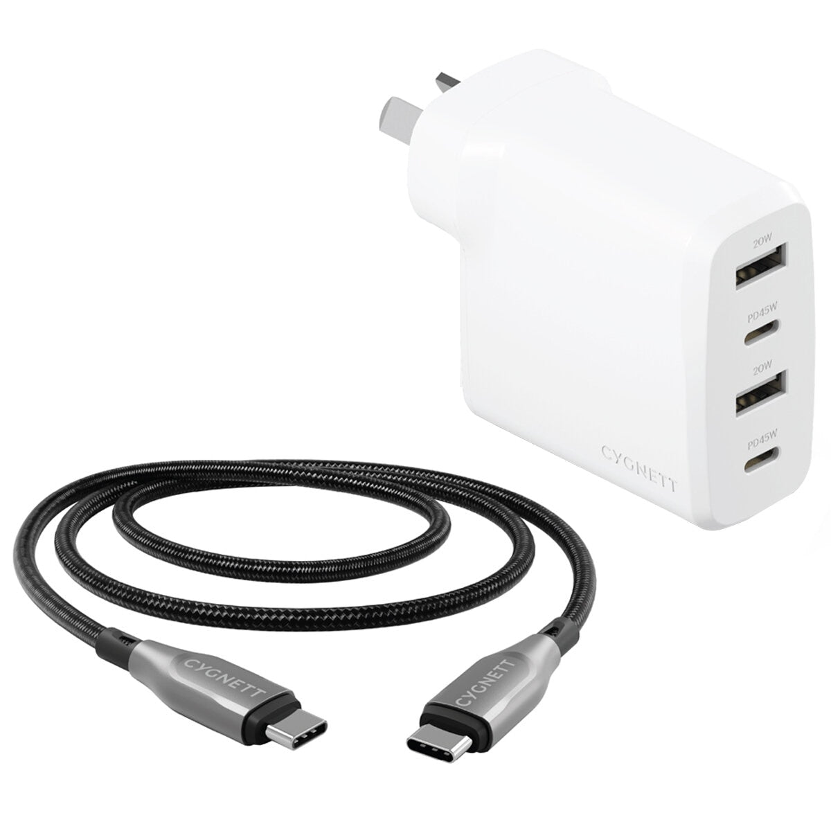 Cygnett PowerPlus 45W Multiport Wall Charger AU And Armoured USB-C To USB-C 2.0 Cable 2M Black CY5175BUNCC