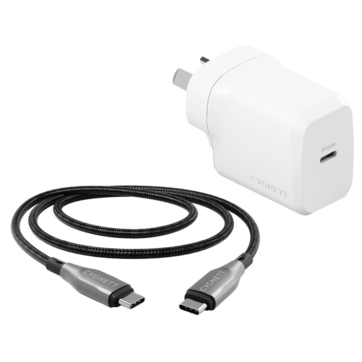Cygnett PowerPlus 25W USB-C Wall Charger AU And Armoured USB-C To USB-C 2.0 Cable 2M Black CY5174BUNCC