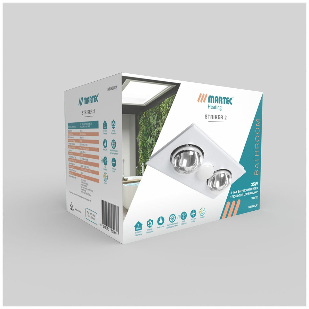 Martec Striker 2 Bathroom Heater and Exhaust Fan With Tricolour LED Light