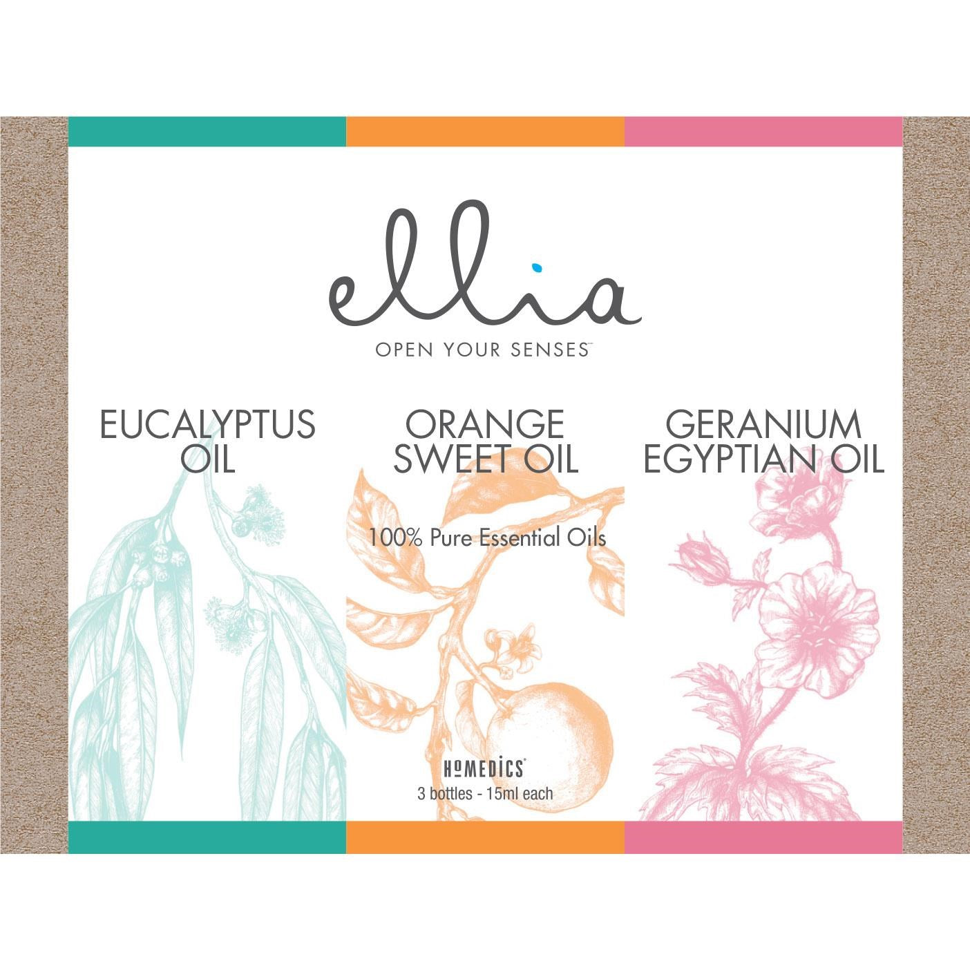 Homedics Ellia Oil 3 Pack (Eucalyptus. Orange. Geranium)