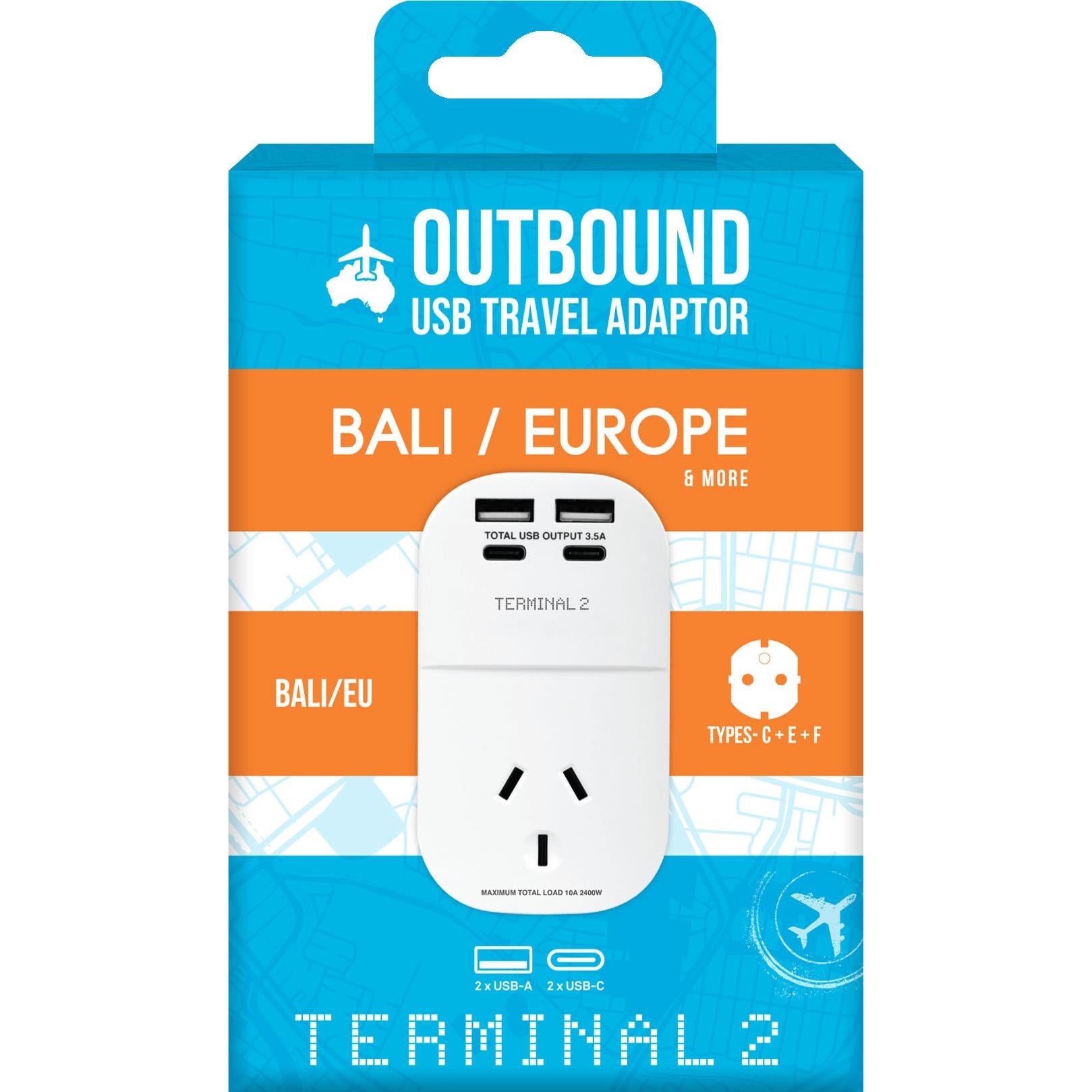 Terminal 2 Outbound Travel Adaptor with 4 USB Ports for Europe. Russia. Vietnam & More
