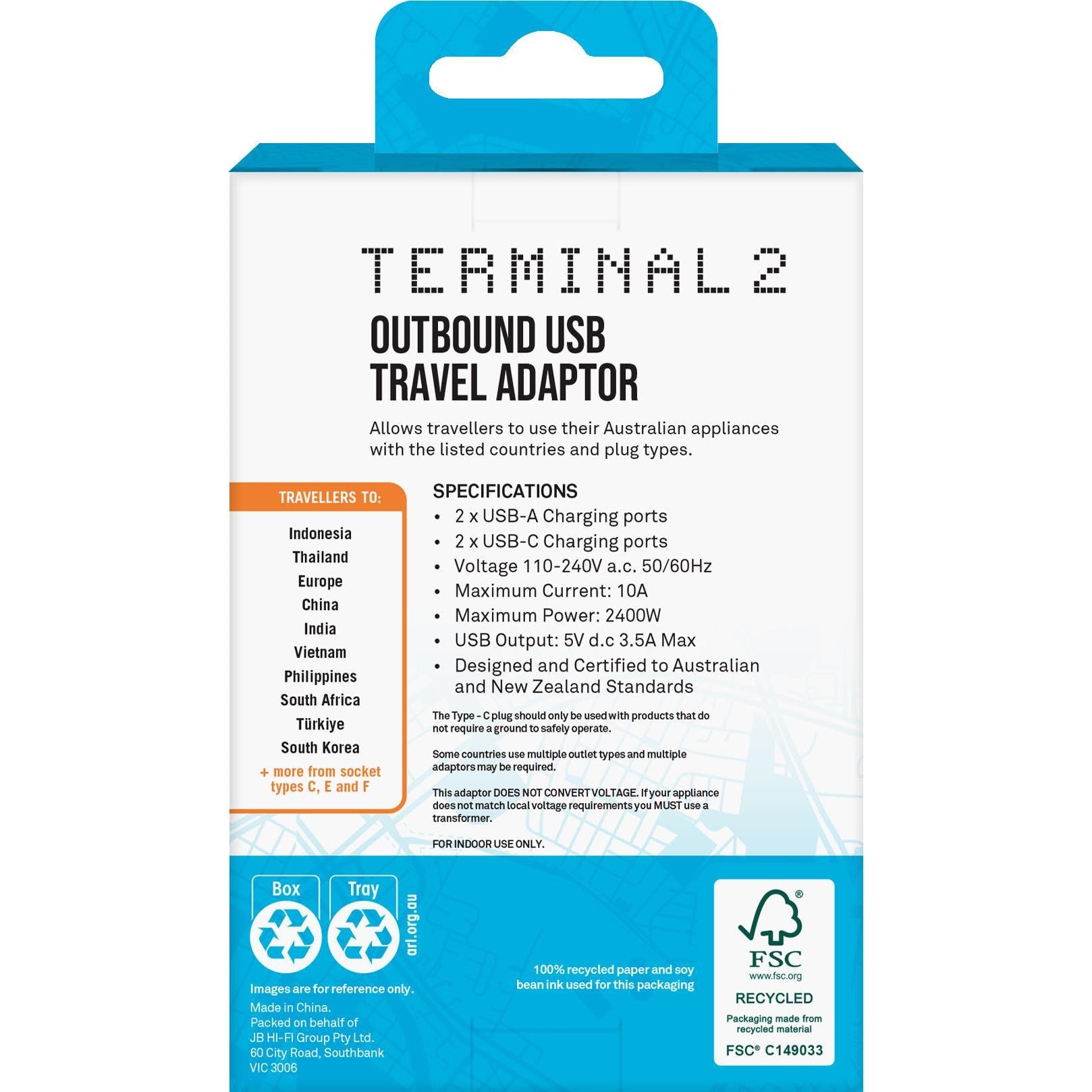 Terminal 2 Outbound Travel Adaptor with 4 USB Ports for Europe. Russia. Vietnam & More