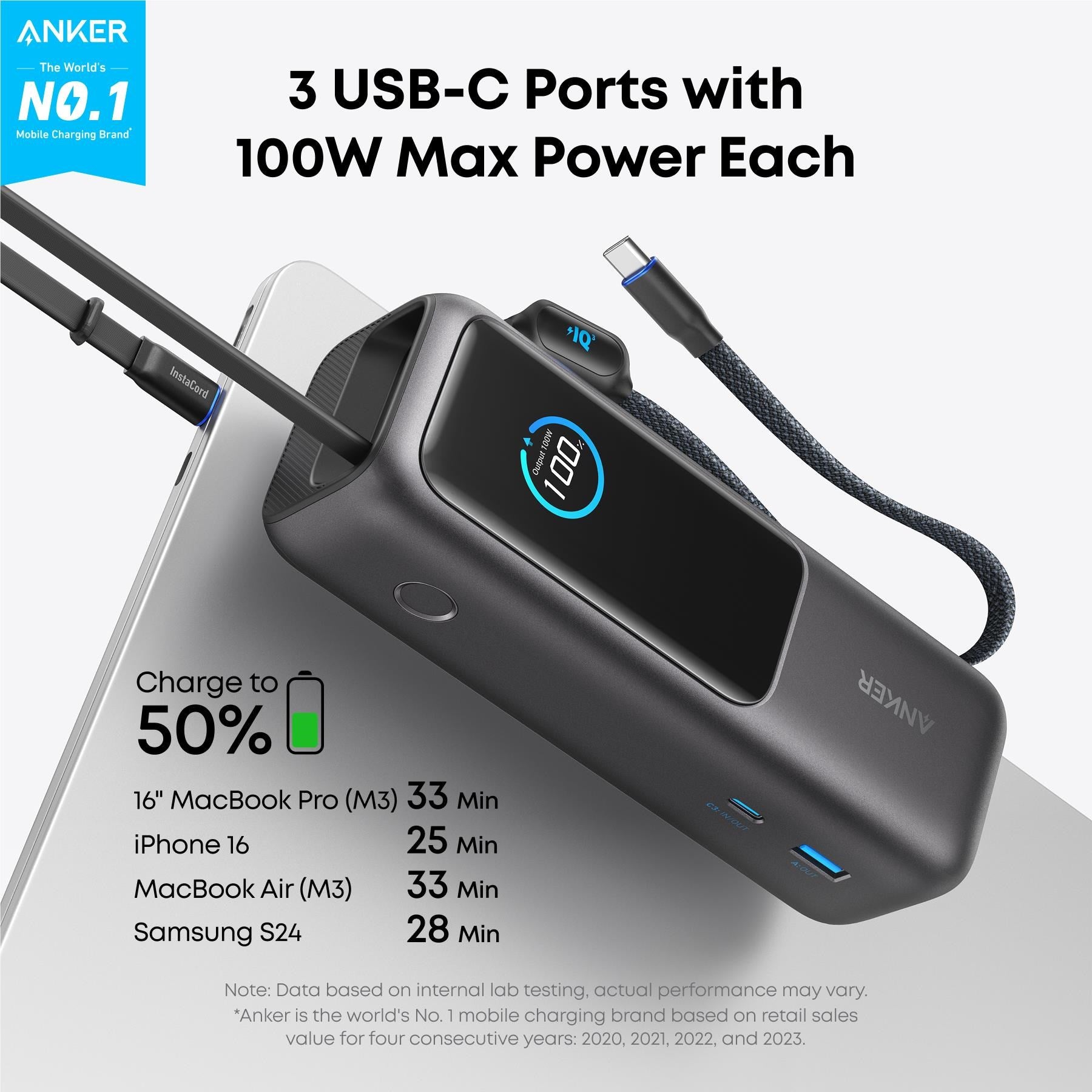 Anker 25K 165W Power Bank with Built-in Retractable Cables (Black)