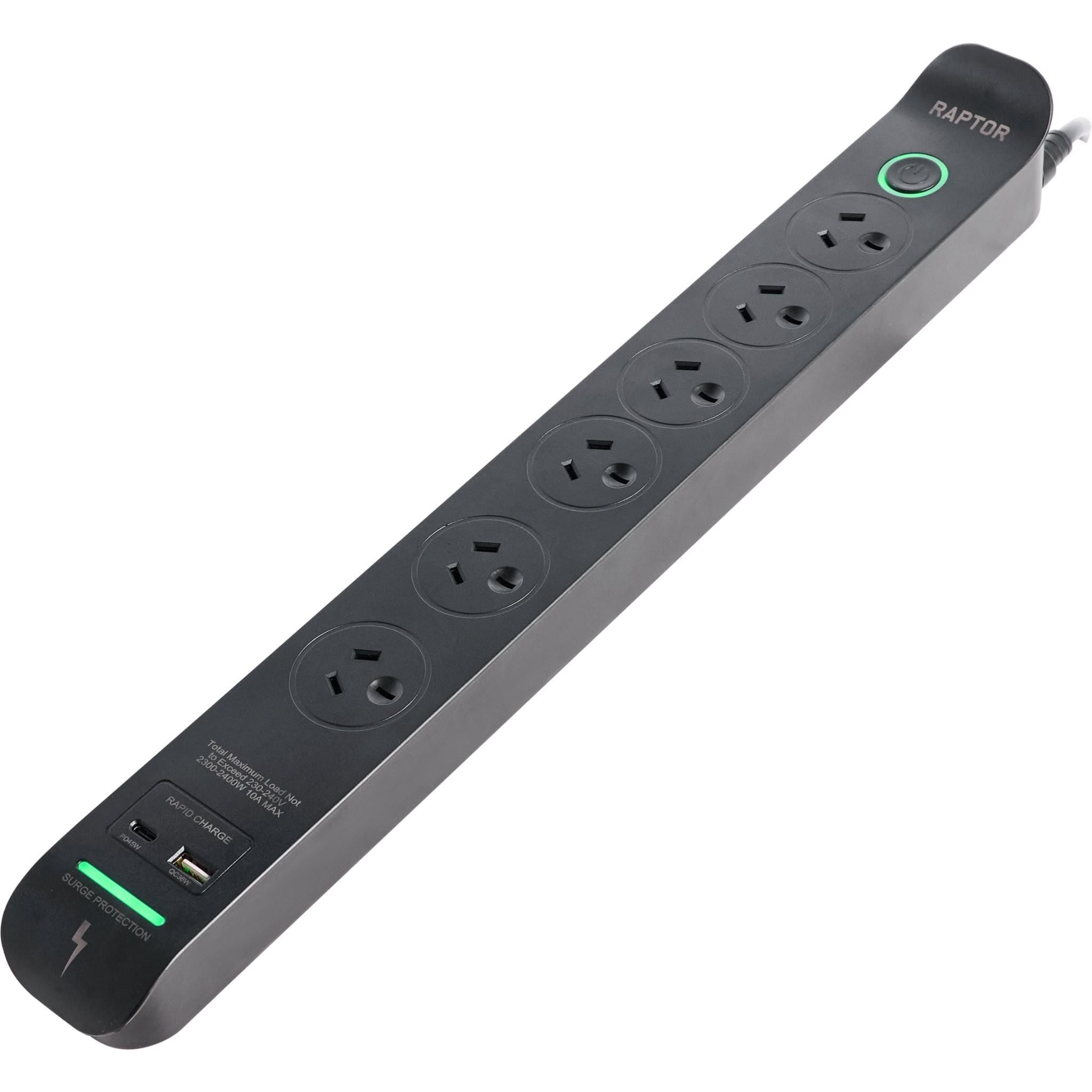 Jackson Raptor 6 Outlet Slimline 45W PD Surge Protected Powerboard