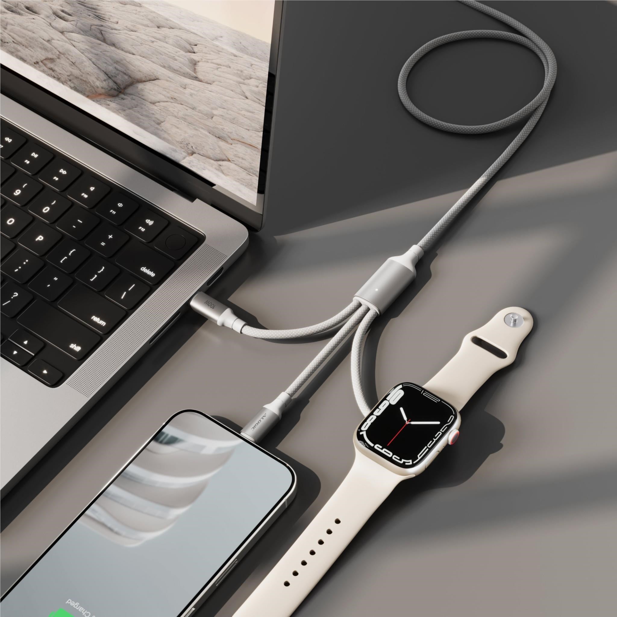 ALOGIC Trinity 3-in-1 Dual USB-C and Apple Watch 100W Charge Cable 2m (White)