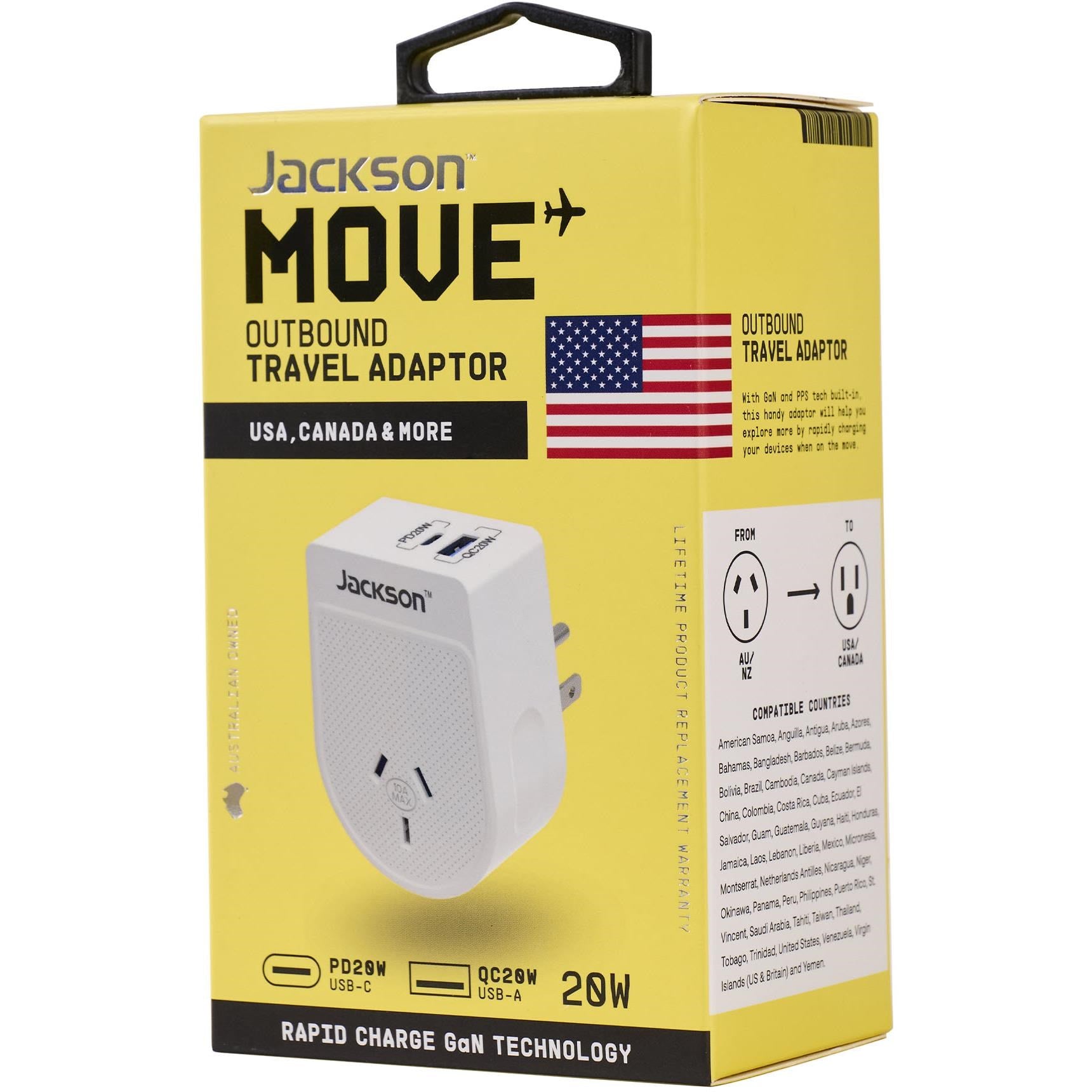 Jackson MOVE Rapid Charge PD20W USB-C/A Outbound Travel Adaptor for USA. Canada & More