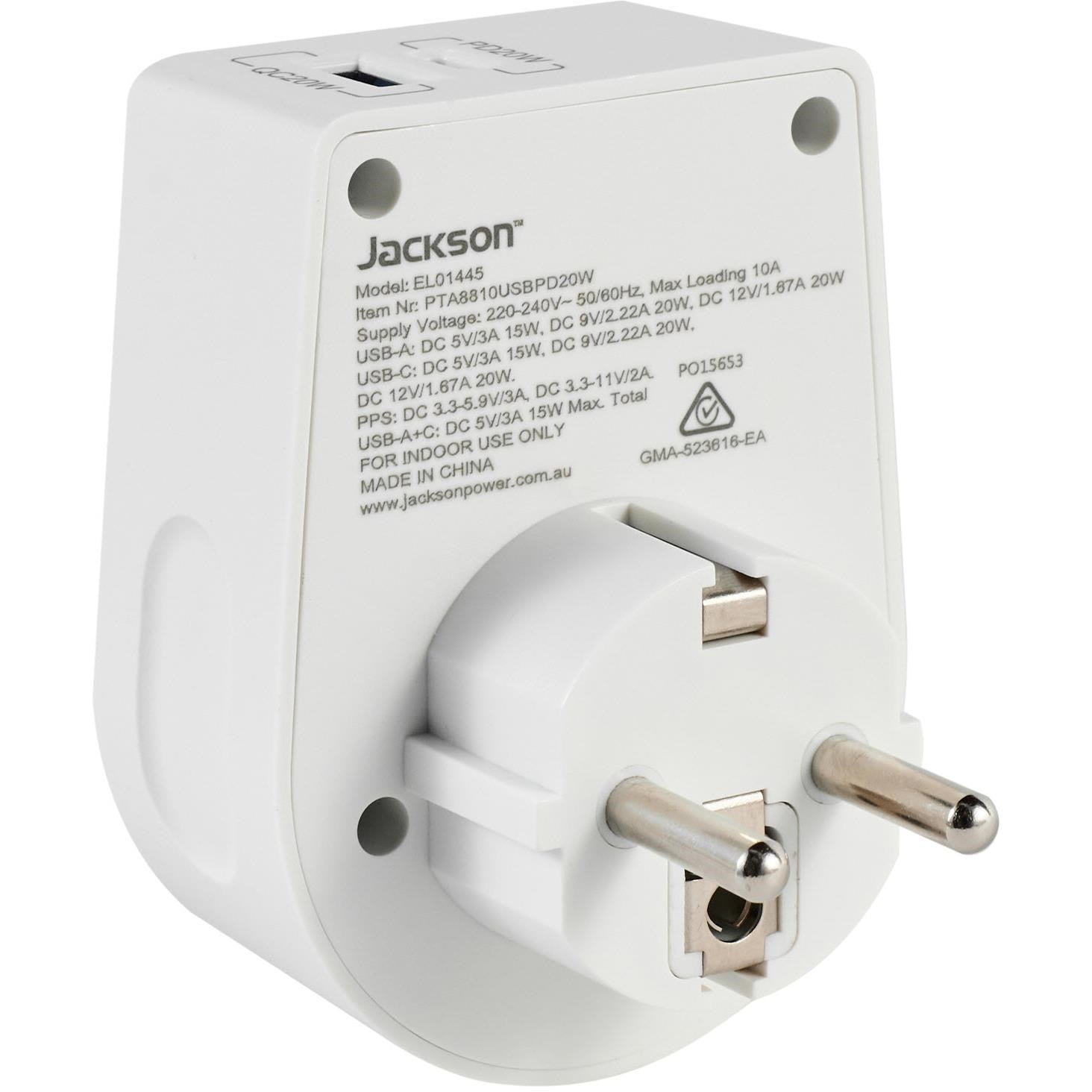 Jackson MOVE Rapid Charge PD20W USB-C/A Outbound Travel Adaptor for Europe, Bali & More