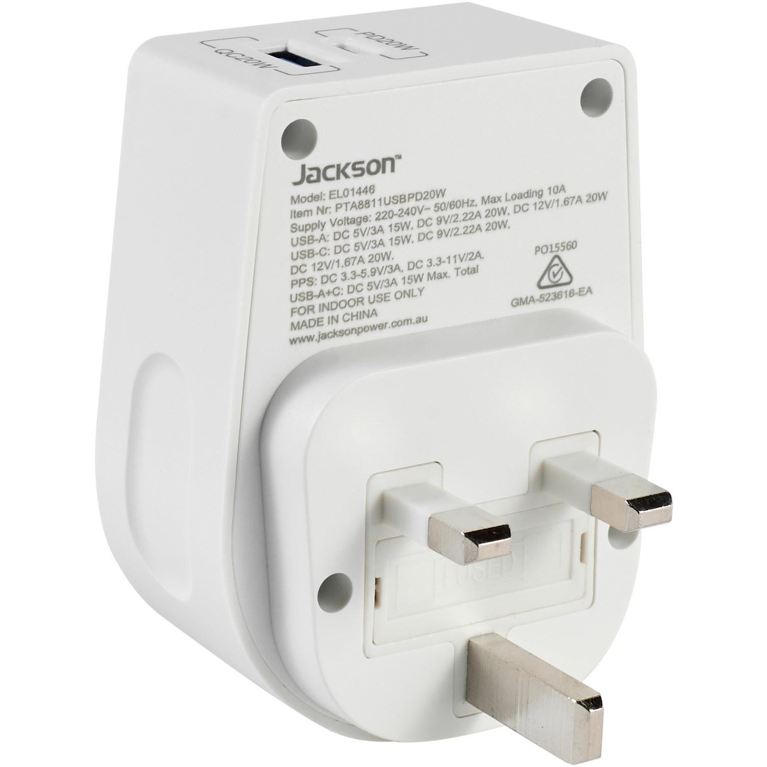 Jackson MOVE Rapid Charge PD20W USB-C/A Outbound Travel Adaptor for UK. HK & More