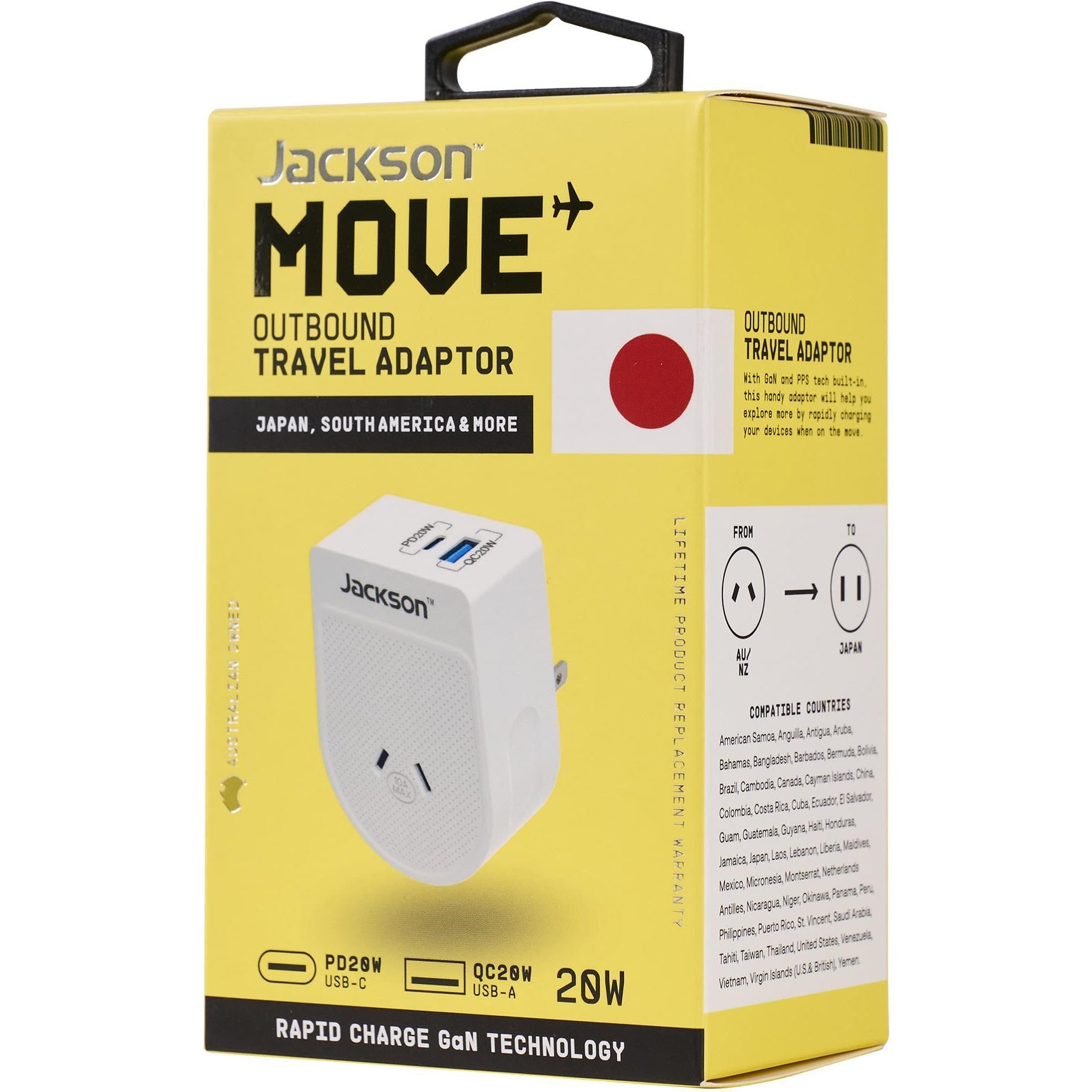 Jackson MOVE Rapid Charge PD20W USB-C/A Outbound Travel Adaptor for Japan. South America & More
