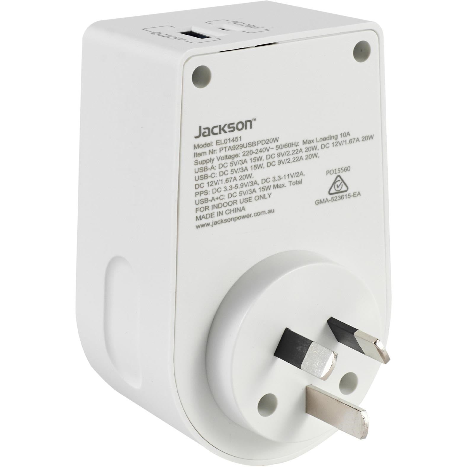 Jackson MOVE Rapid Charge PD20W USB-C/A Inbound Travel Adaptor for USA & EU