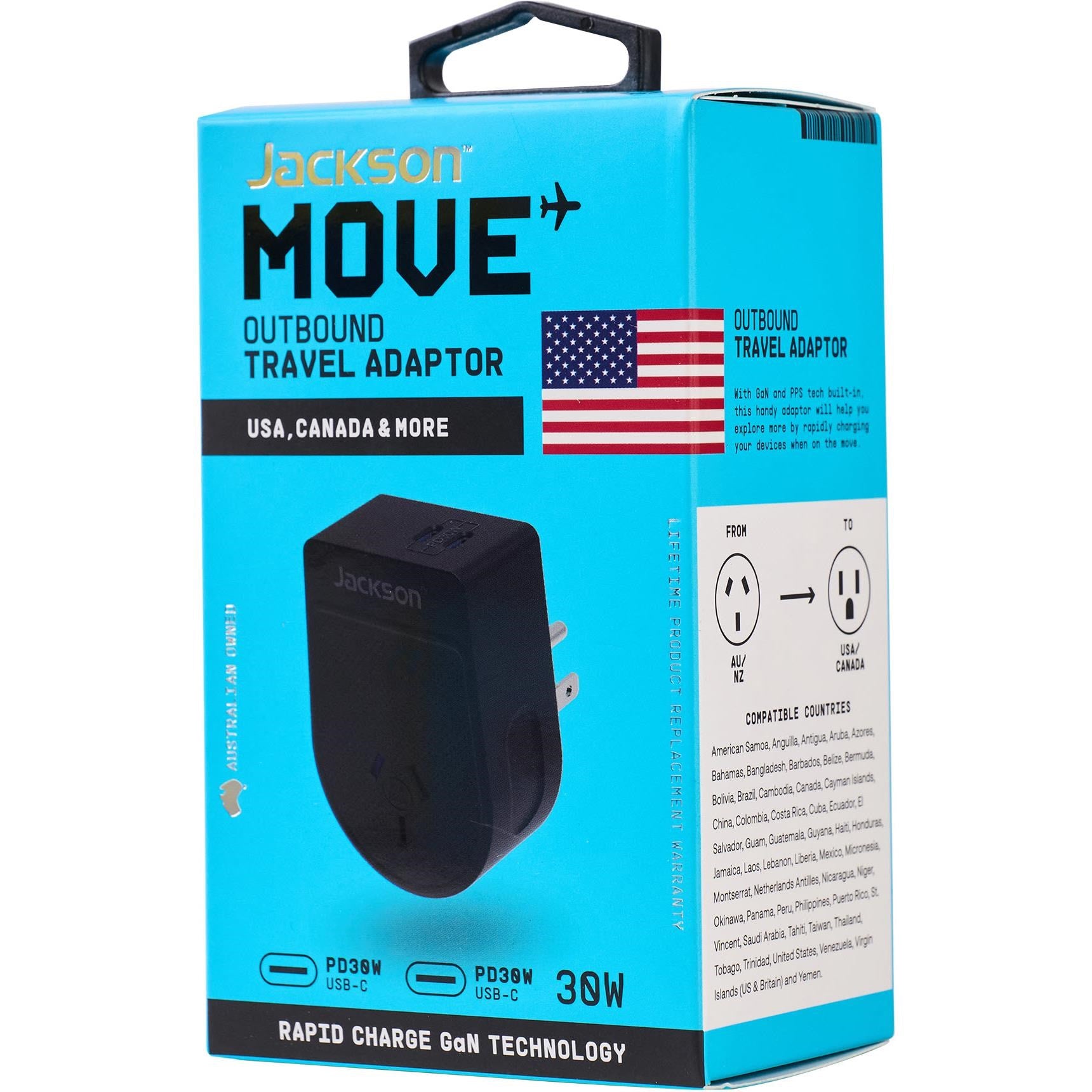 Jackson MOVE Rapid Charge PD30W USB-C Outbound Travel Adaptor for USA. Canada & More
