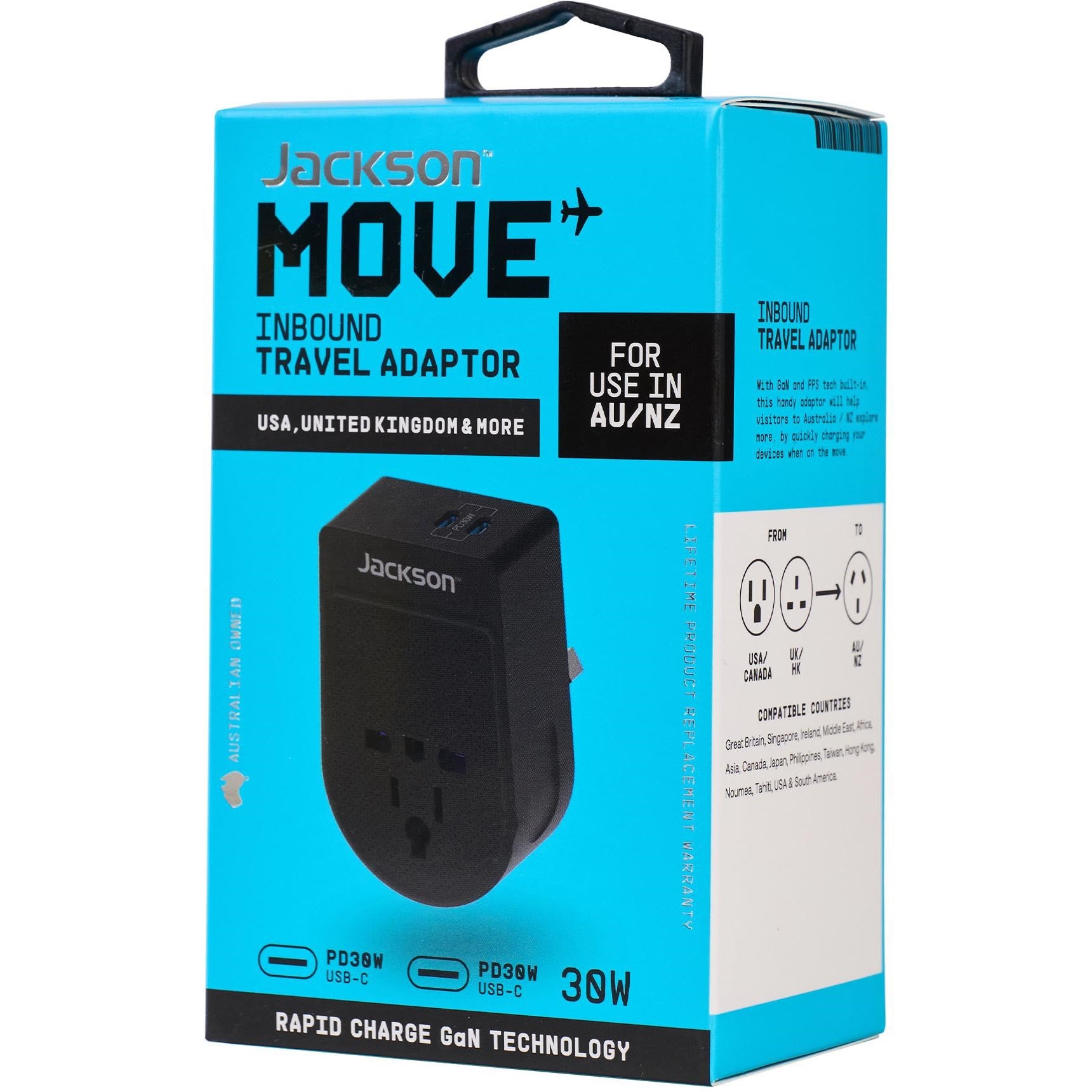 Jackson MOVE Rapid Charge PD30W USB-C Inbound Travel Adaptor for USA. UK & More
