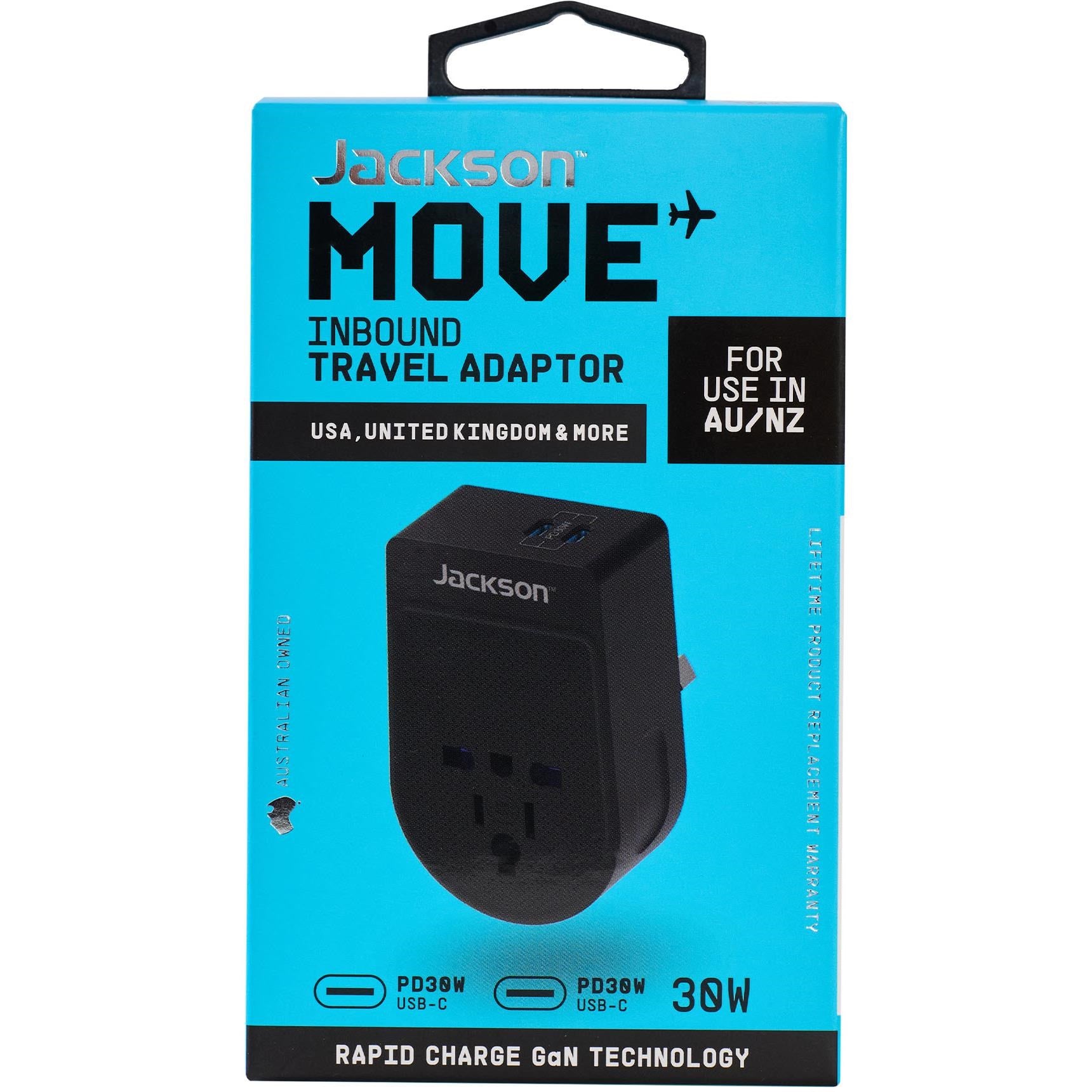 Jackson MOVE Rapid Charge PD30W USB-C Inbound Travel Adaptor for USA. UK & More