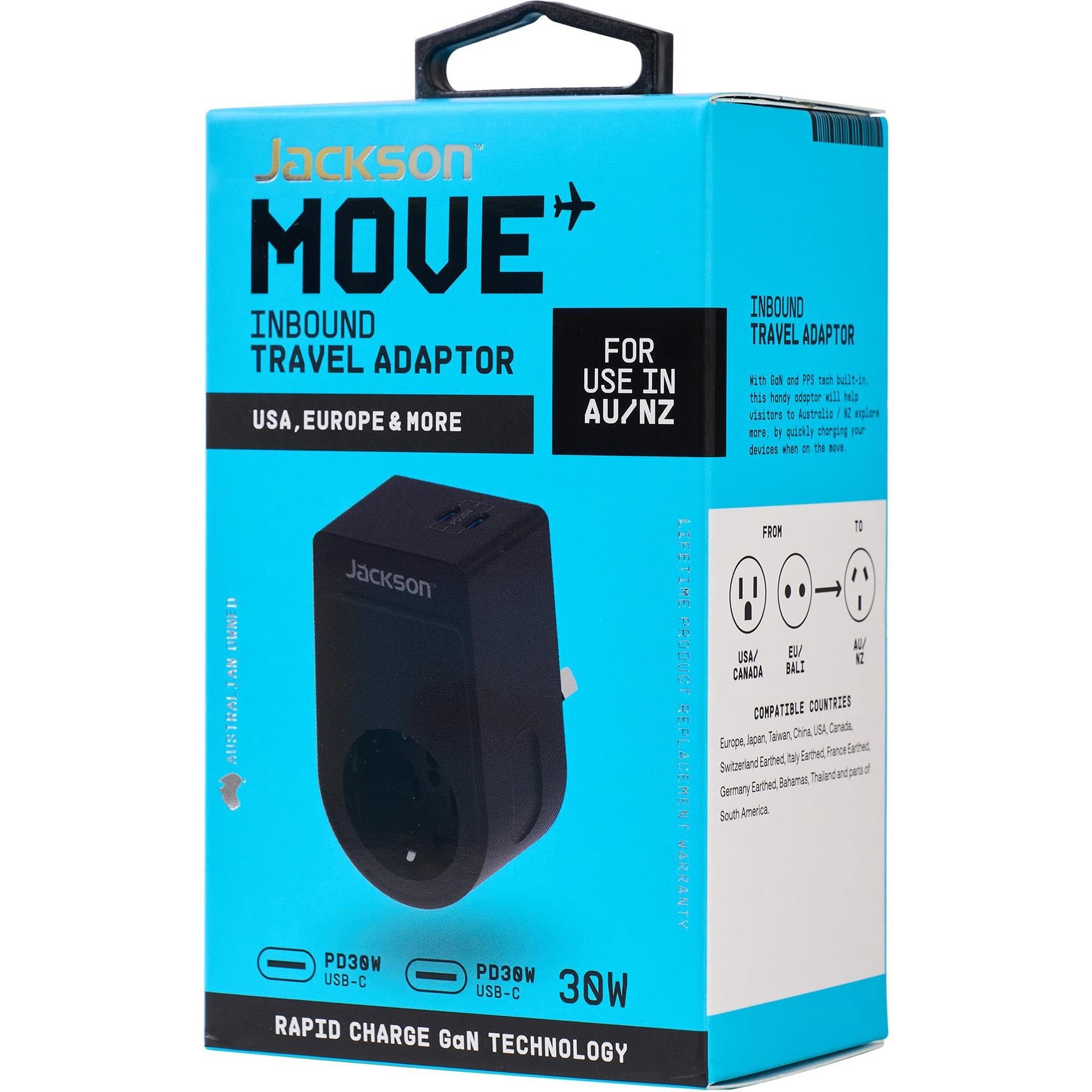 Jackson MOVE Rapid Charge PD30W USB-C Inbound Travel Adaptor for USA. EU & More