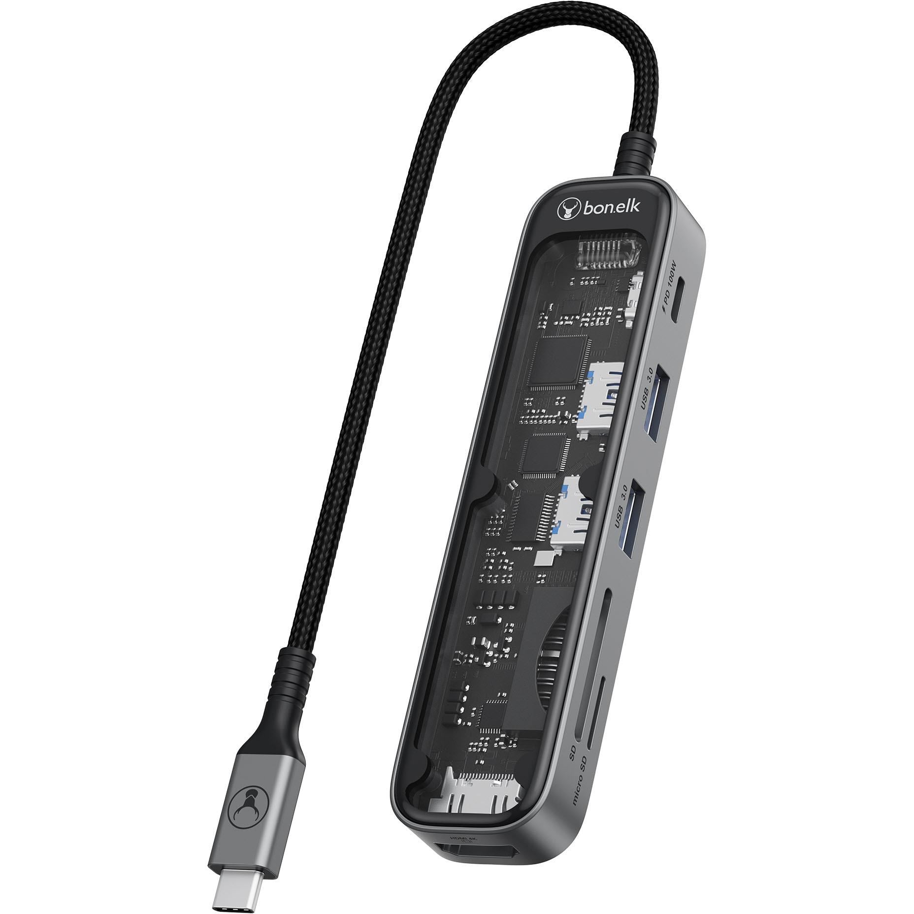 Bonelk Vision Long-Life USB-C to 6-in-1 w/Card Reader Multiport Hub (SG/Clear)