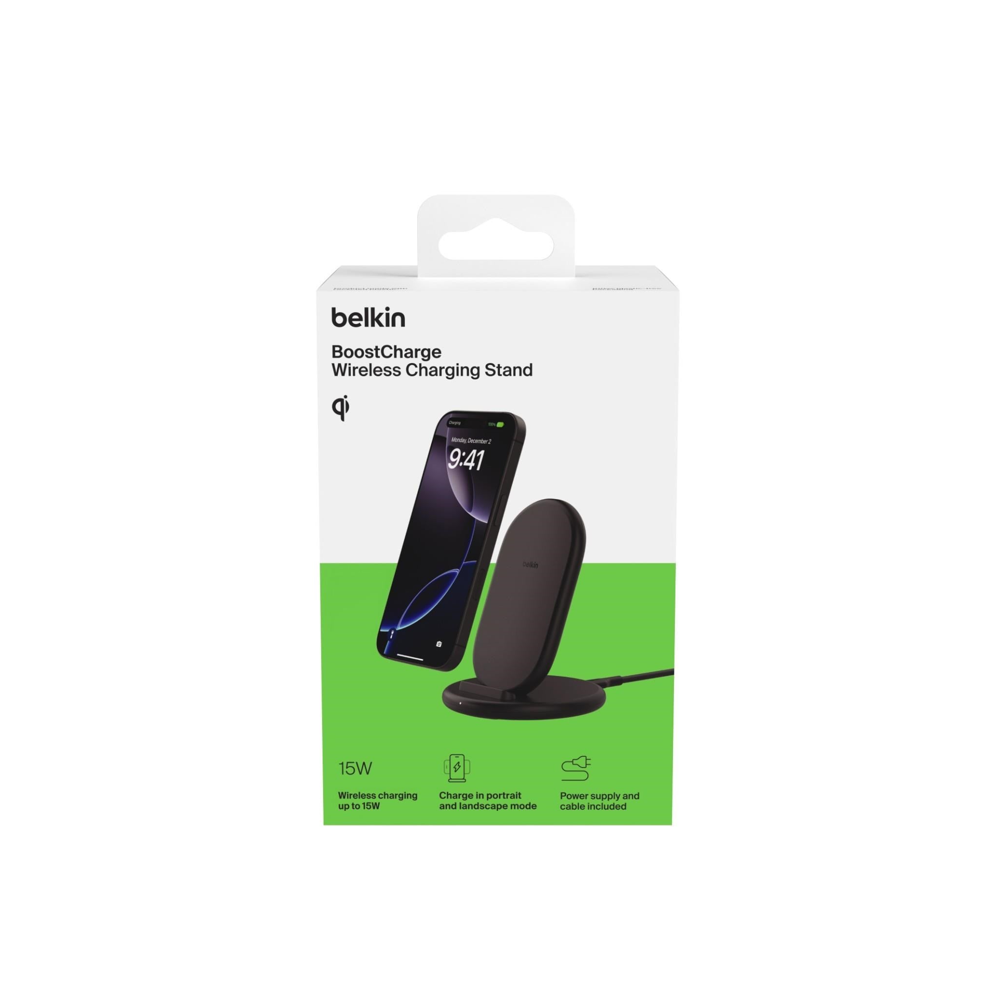 Belkin BoostCharge Wireless Charging Stand 15W with Wall Adapter (Black)