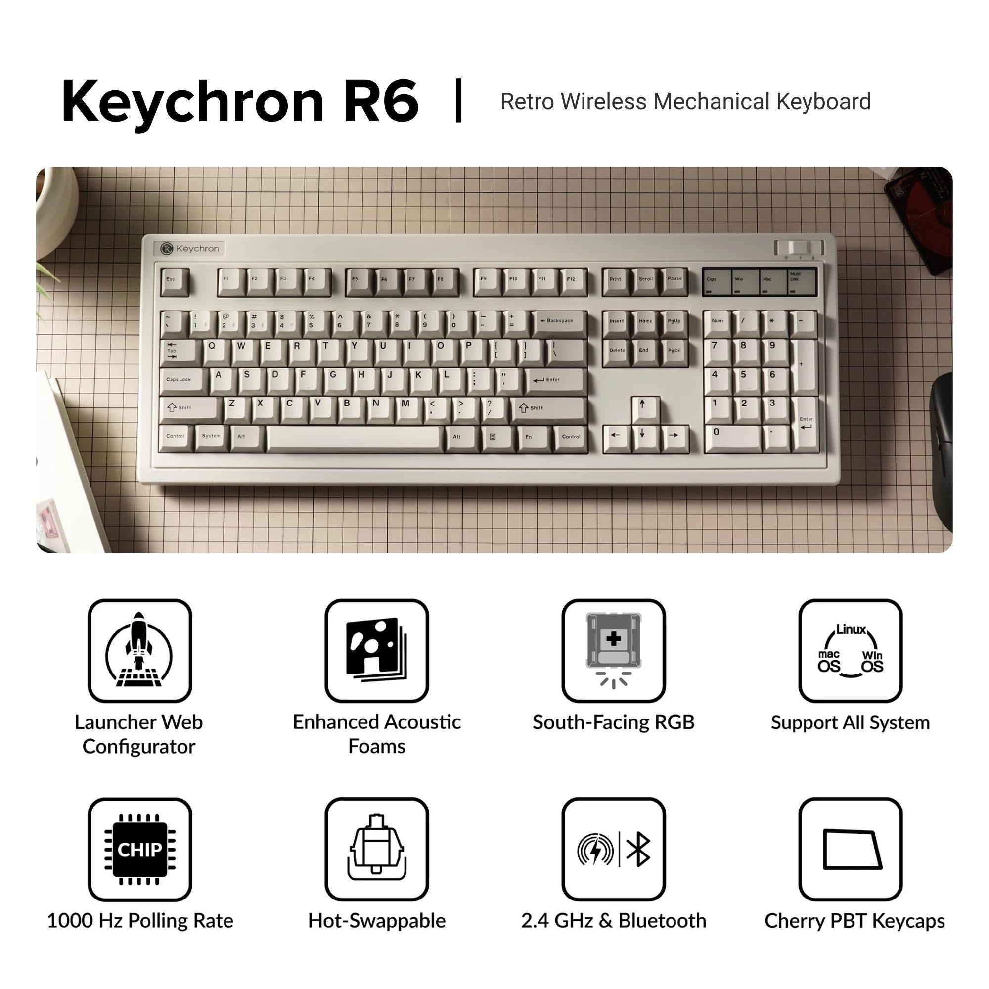 Keychron R6 Full Size Retro Hot-Swap Wireless Mechanical Keyboard (Brown Switch)
