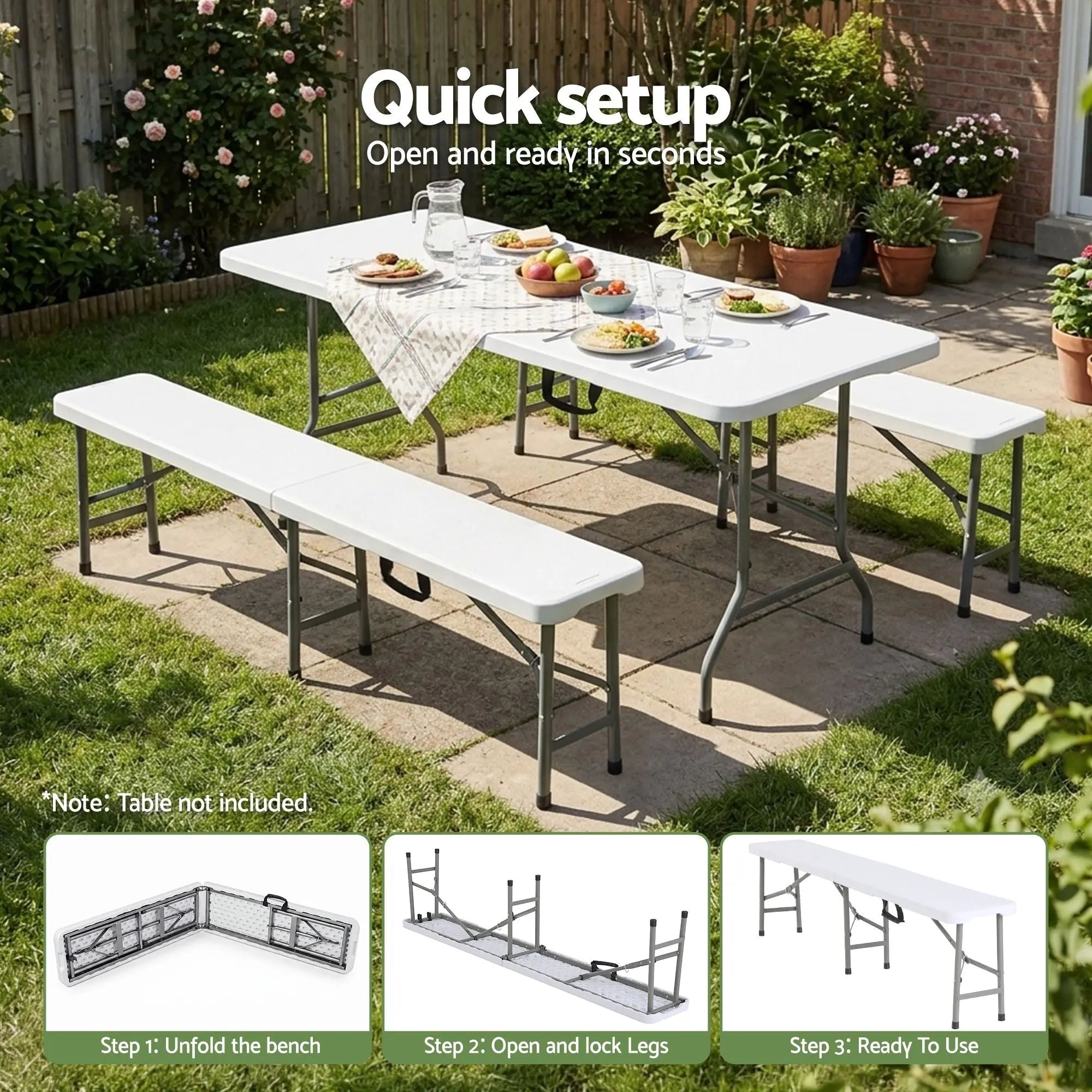 Gardeon 180cm Folding Garden Bench Portable Trestle Seat HDPE Fold In Half White Wholesale Hub