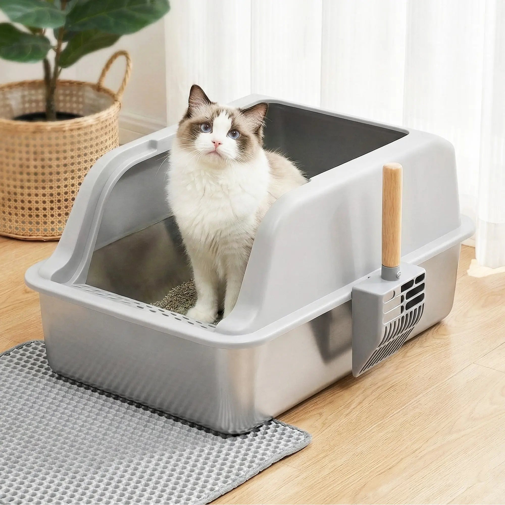 i.Pet Cat Litter Box Stainless Steel Large Semi-Enclosed Pet Kitty Toilet Grey Wholesale Hub