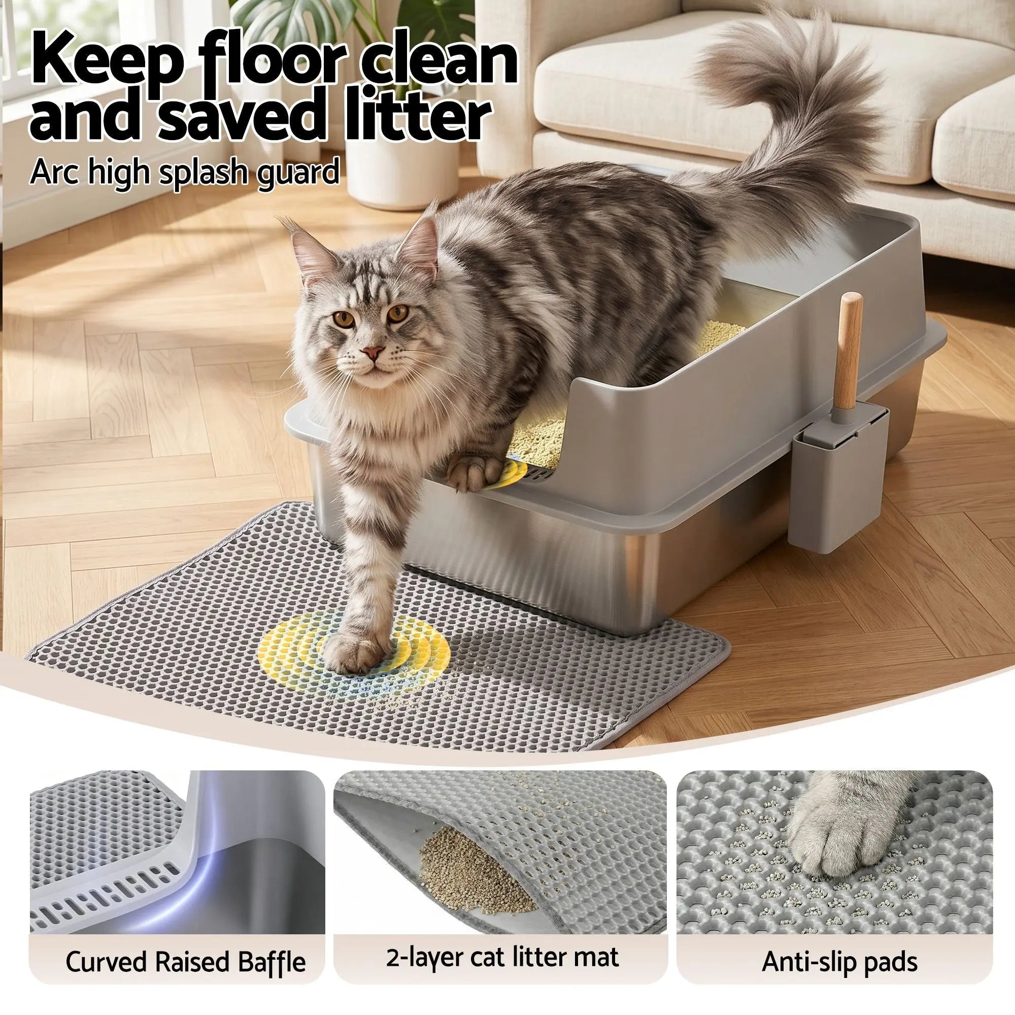 i.Pet XXL Cat Litter Box Stainless Steel Jumbo Semi-Enclosed Pet Kitty Toilet Grey Wholesale Hub